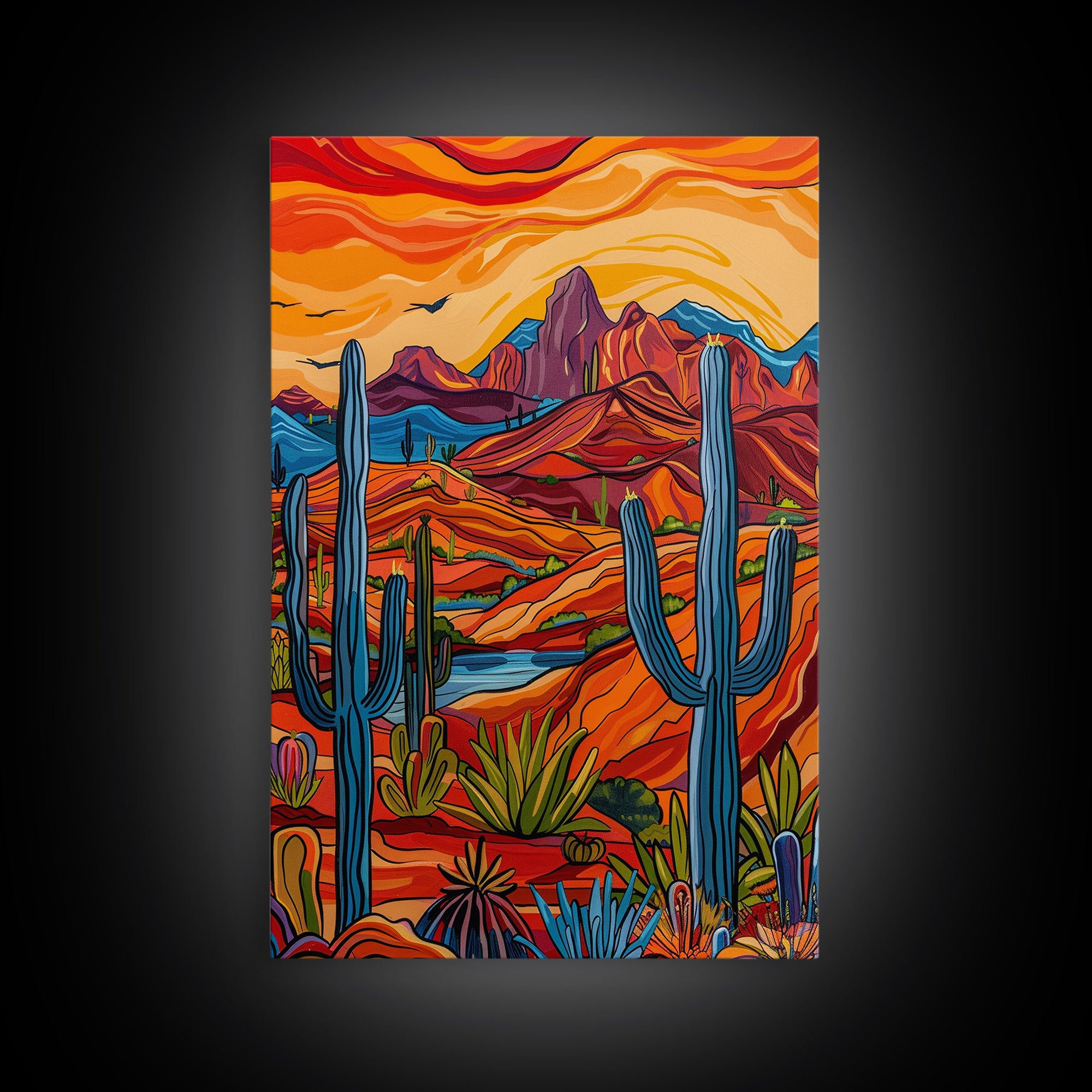 Framed Canvas Print, Bright Desert Landscape with Cacti and Mountains, Perfect Wall Art for Living Room or Bedroom