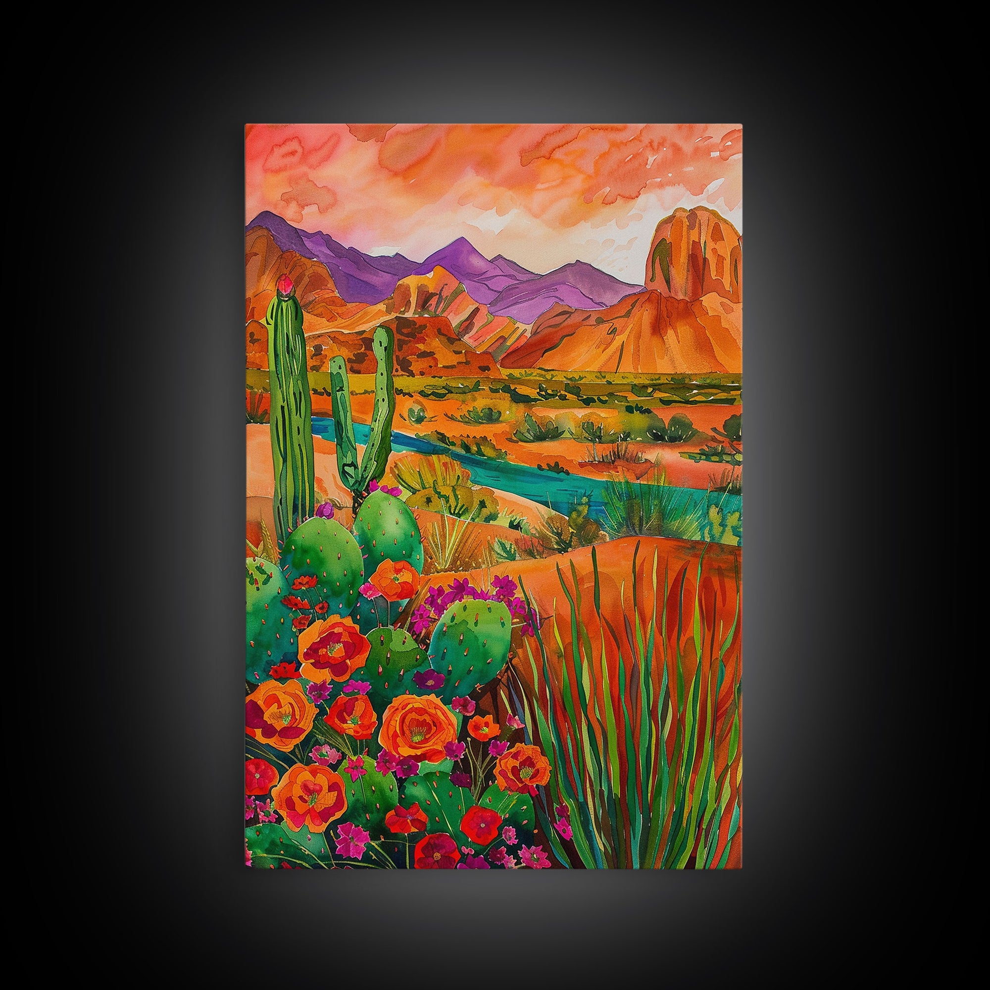 Framed Canvas Print, Colorful Desert Landscape with Blooming Cacti, Beautiful Wall Art for Living Room or Bedroom Decor