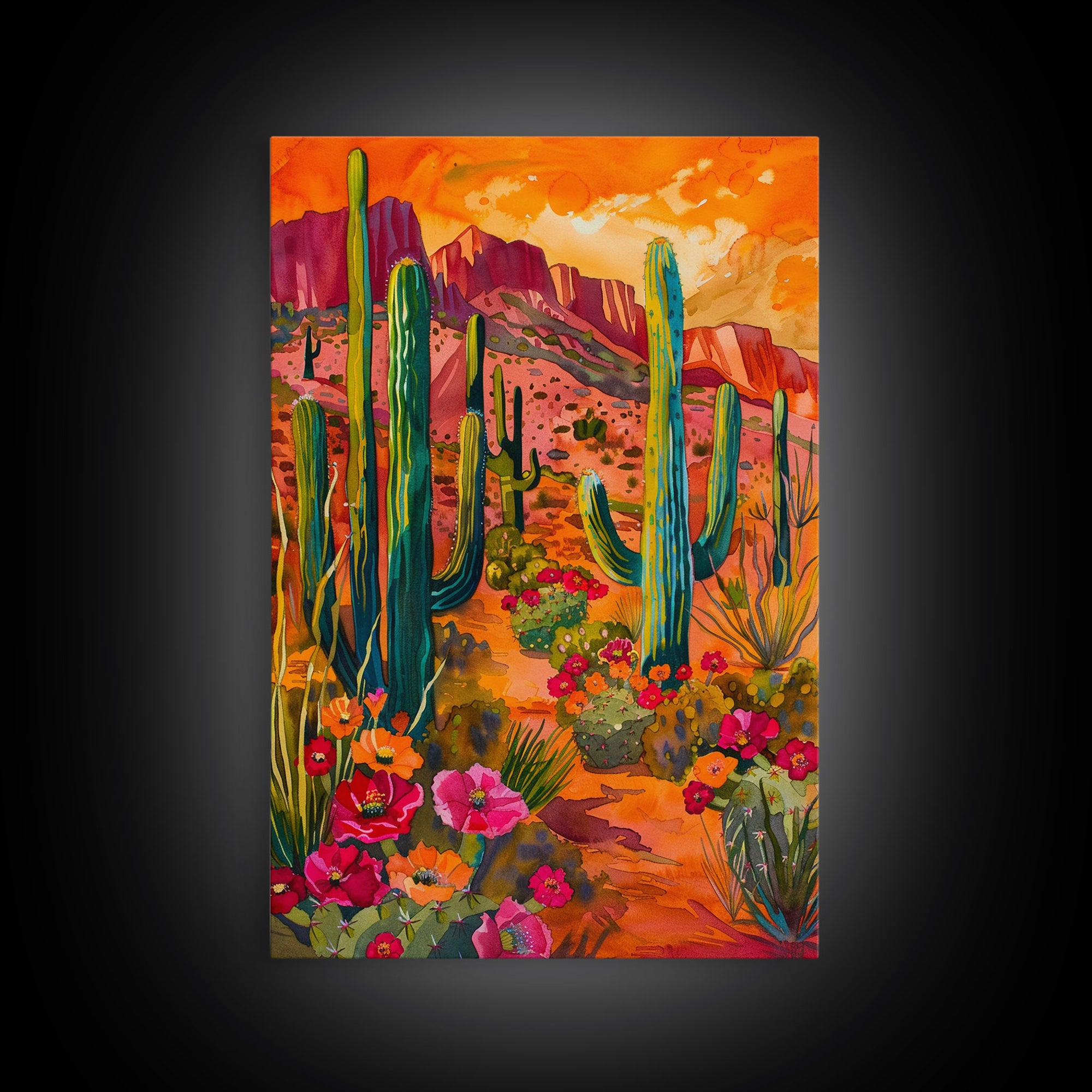 Framed Canvas Print, Vibrant Desert Scene with Saguaro Cacti and Flowers, Unique Wall Art for Living Room or Bedroom