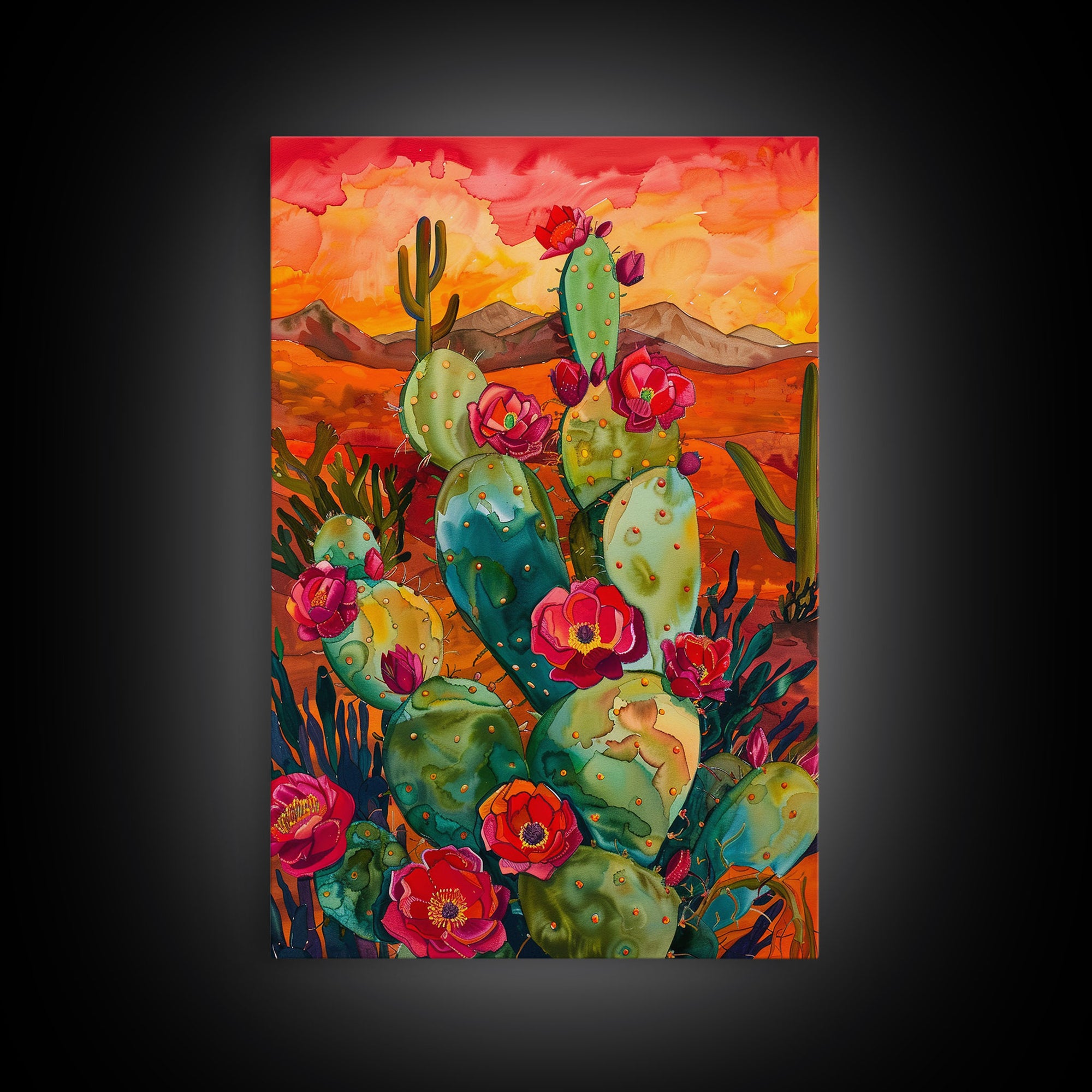 Framed Canvas Print, Blooming Cacti in Desert Sunset, Stunning Wall Art for Living Room or Bedroom Decor