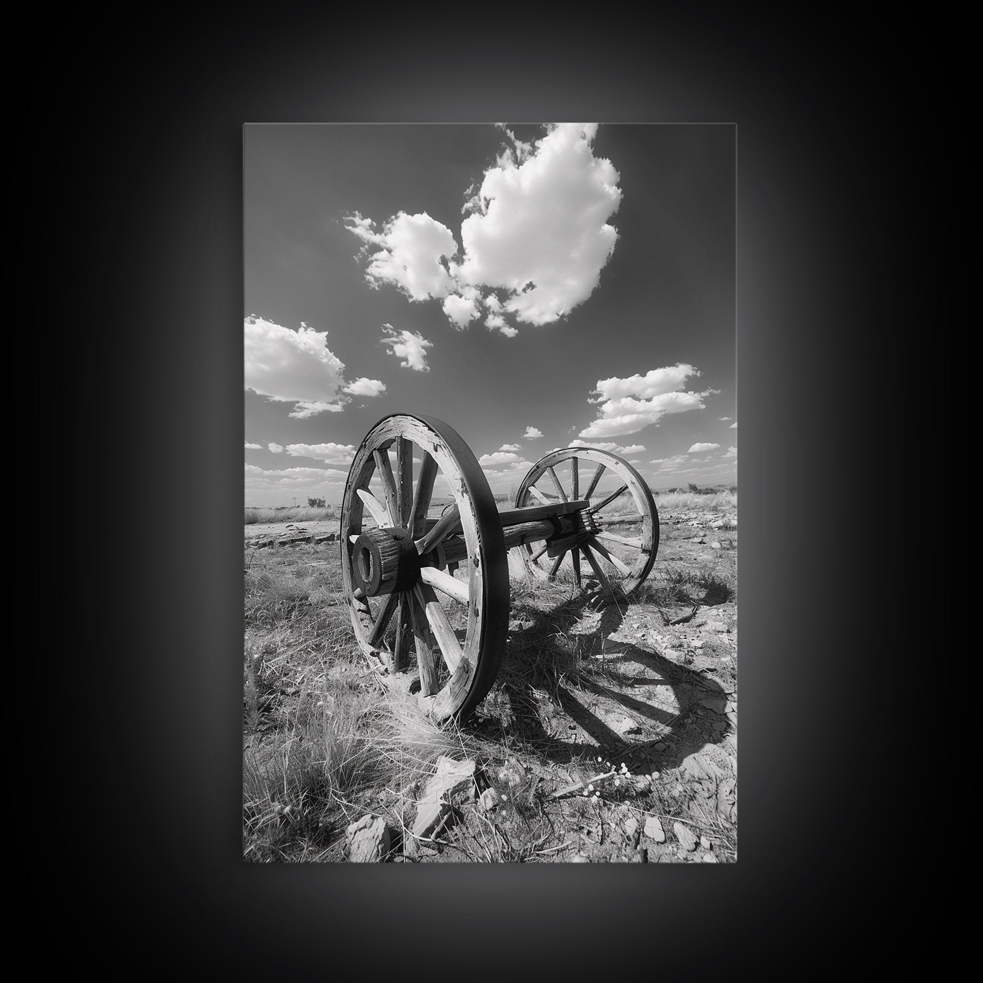 Abandoned wagon wheel on prairie, black and white Western art, Framed Canvas Print, rustic home decor, vintage wall art living room bedroom