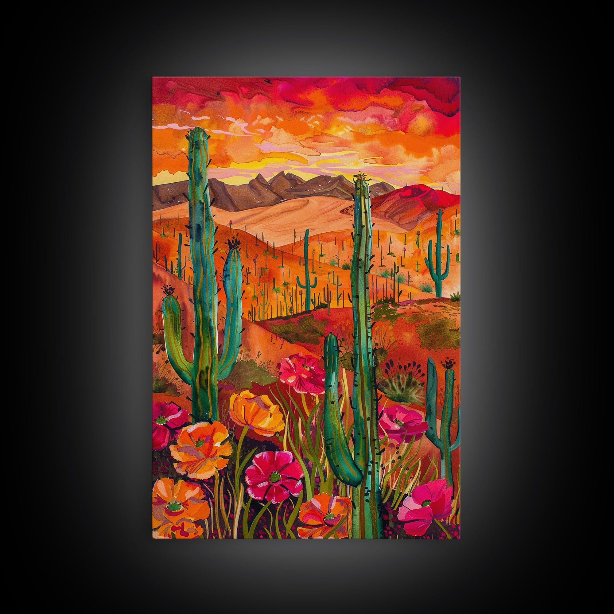 Framed Canvas Print, Vibrant Desert Landscape with Flowers and Cacti, Perfect Wall Art for Living Room or Bedroom Decor