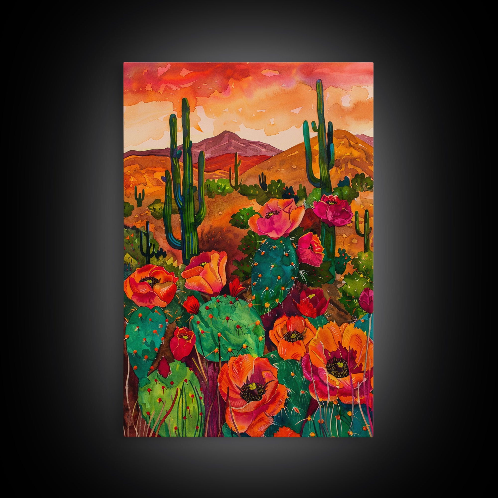 Southwest Desert Landscape with Cacti and Flowers, Colorful Wall Art for Living Room or Bedroom, Framed Canvas Print