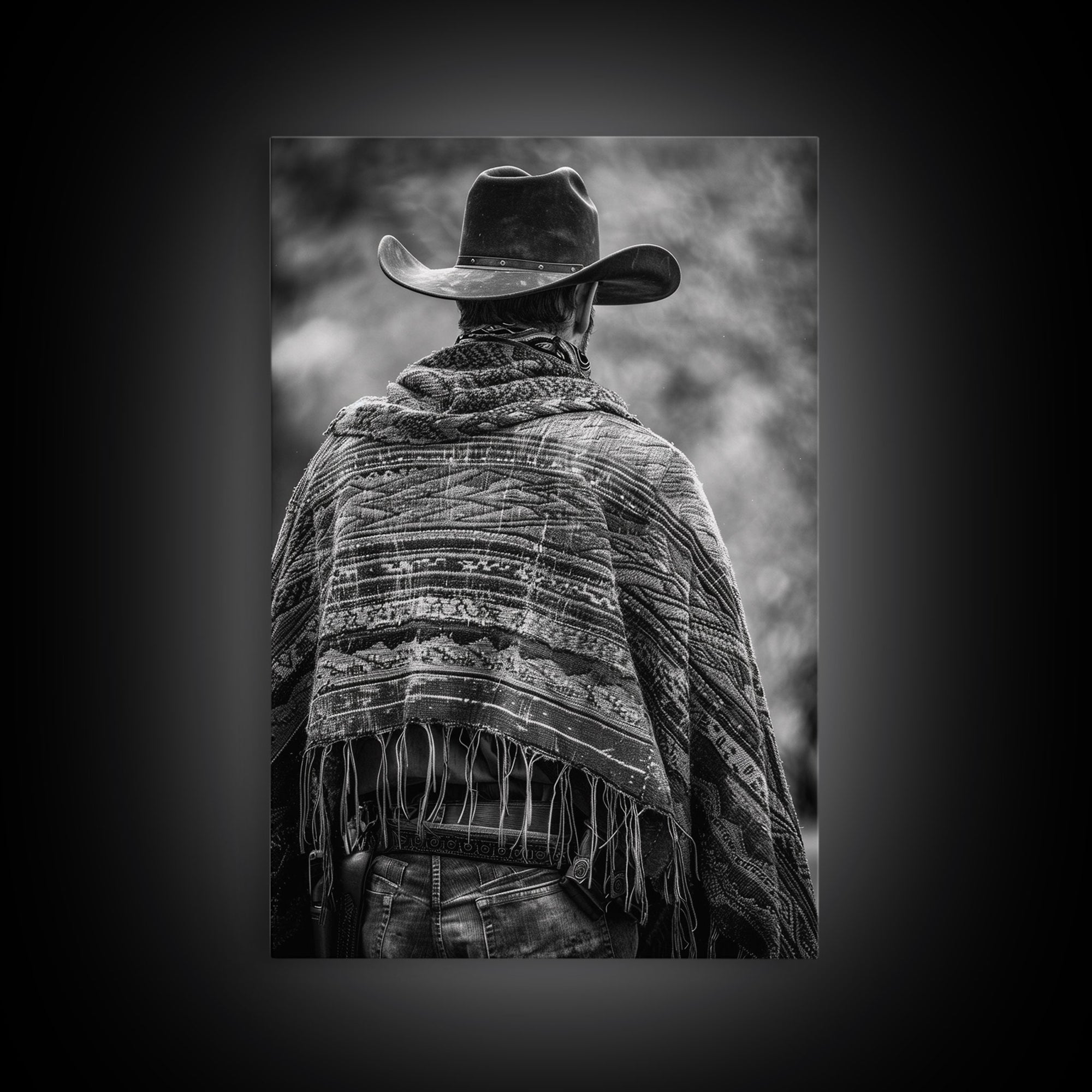 Cowboy in poncho and hat, black and white Western decor, Framed Canvas Print, rustic home art, vintage wall art for living room or bedroom