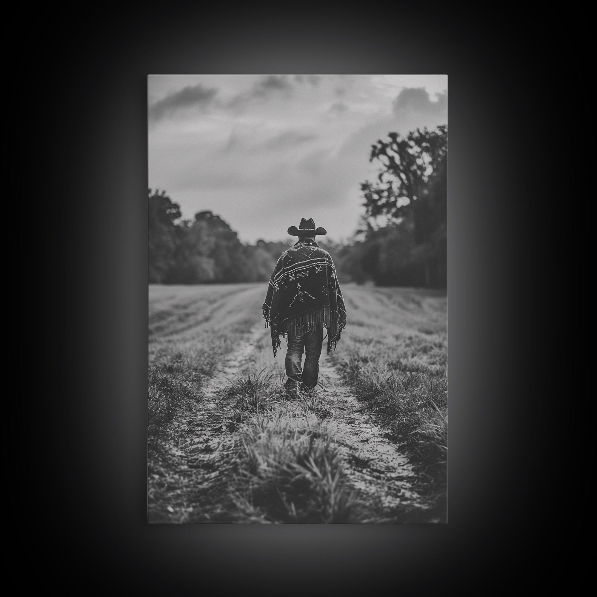 Lone cowboy walking on dirt path, black and white photography, Framed Canvas Print, rustic Western decor, vintage wall art for home