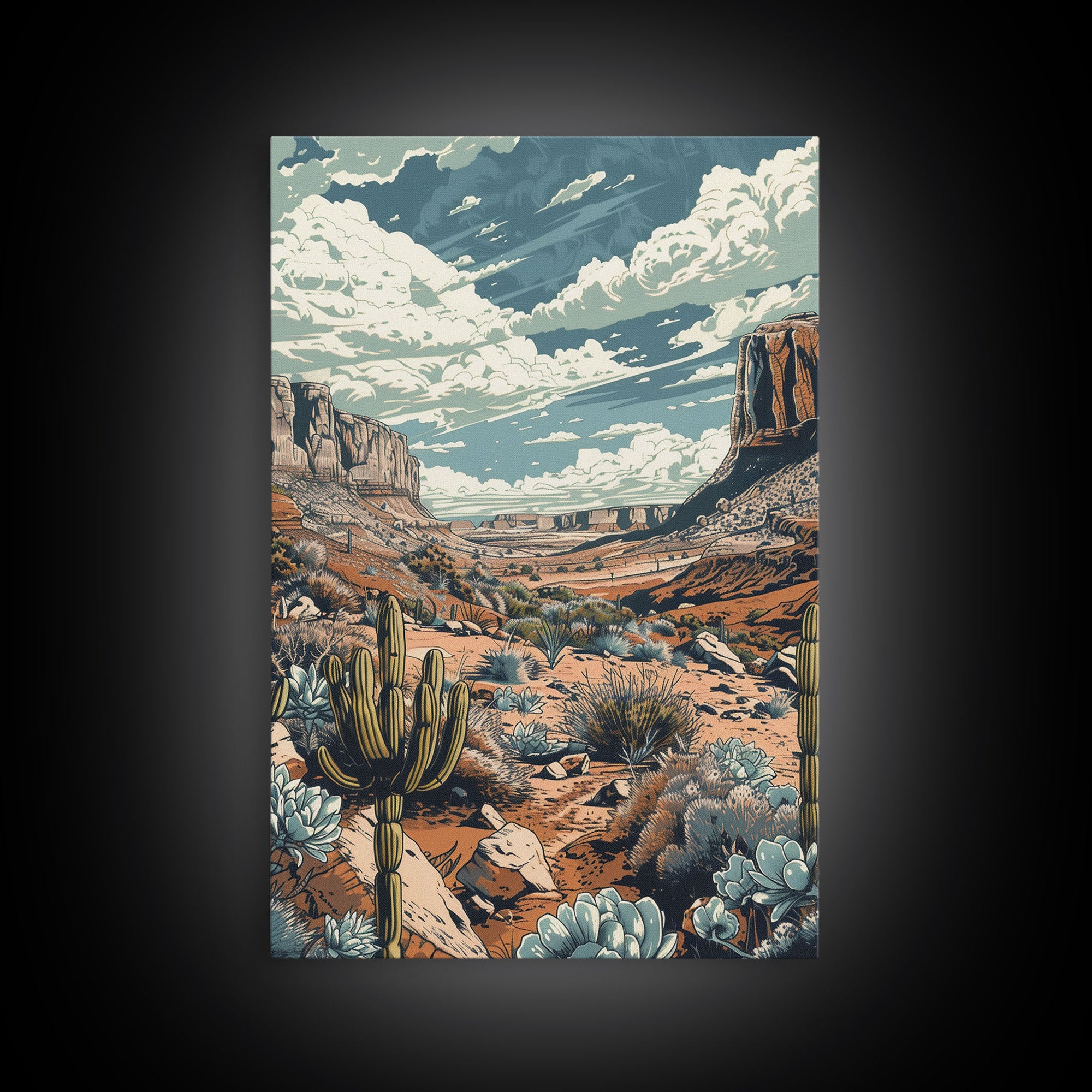 Vintage Western Desert Landscape Art Print, Retro Cactus Framed Canvas, Scenic Southwest Artwork, Unique Desert Wall Decor