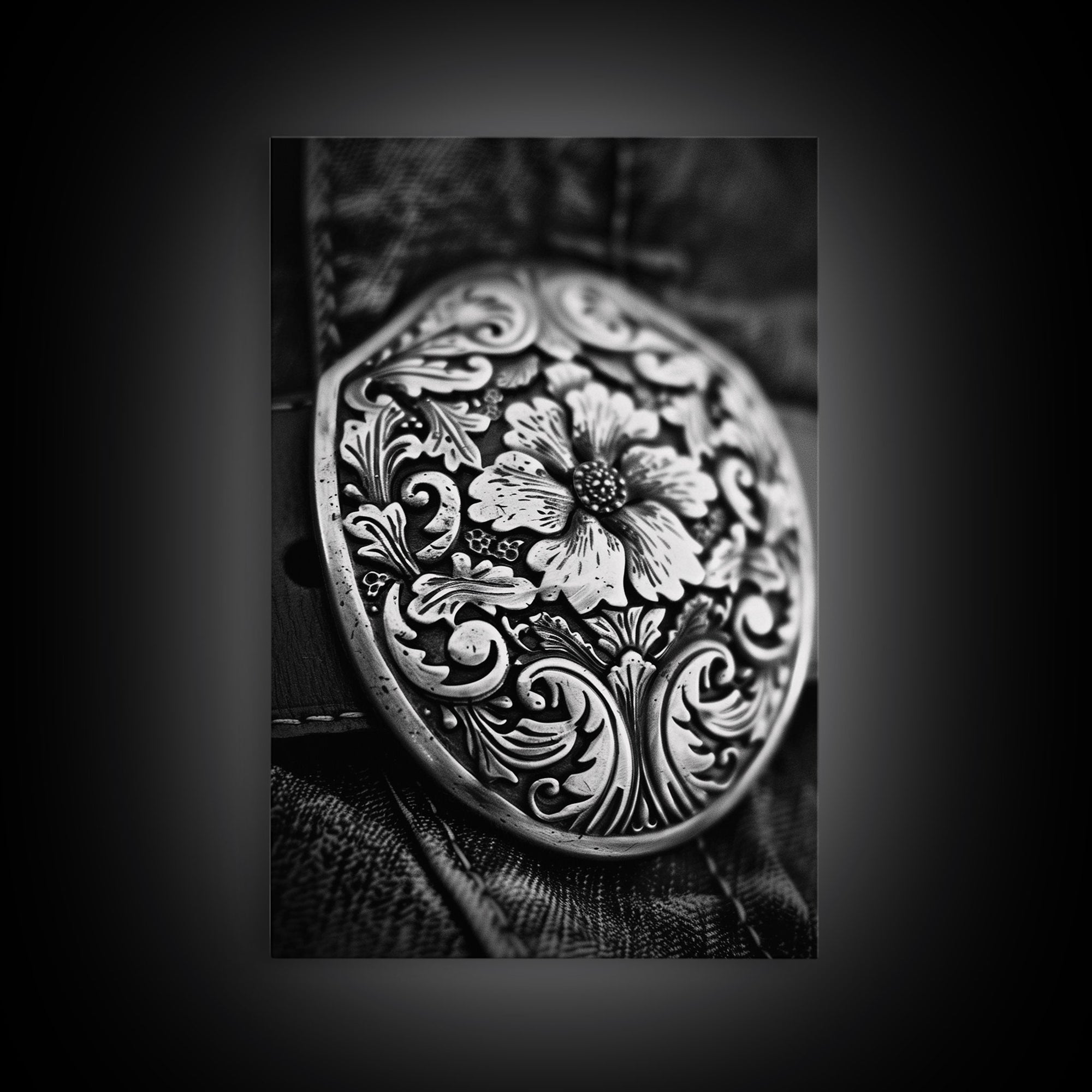 Close-up of Western belt buckle, detailed black and white photography, Framed Canvas Print, rustic home decor, vintage wall art living room