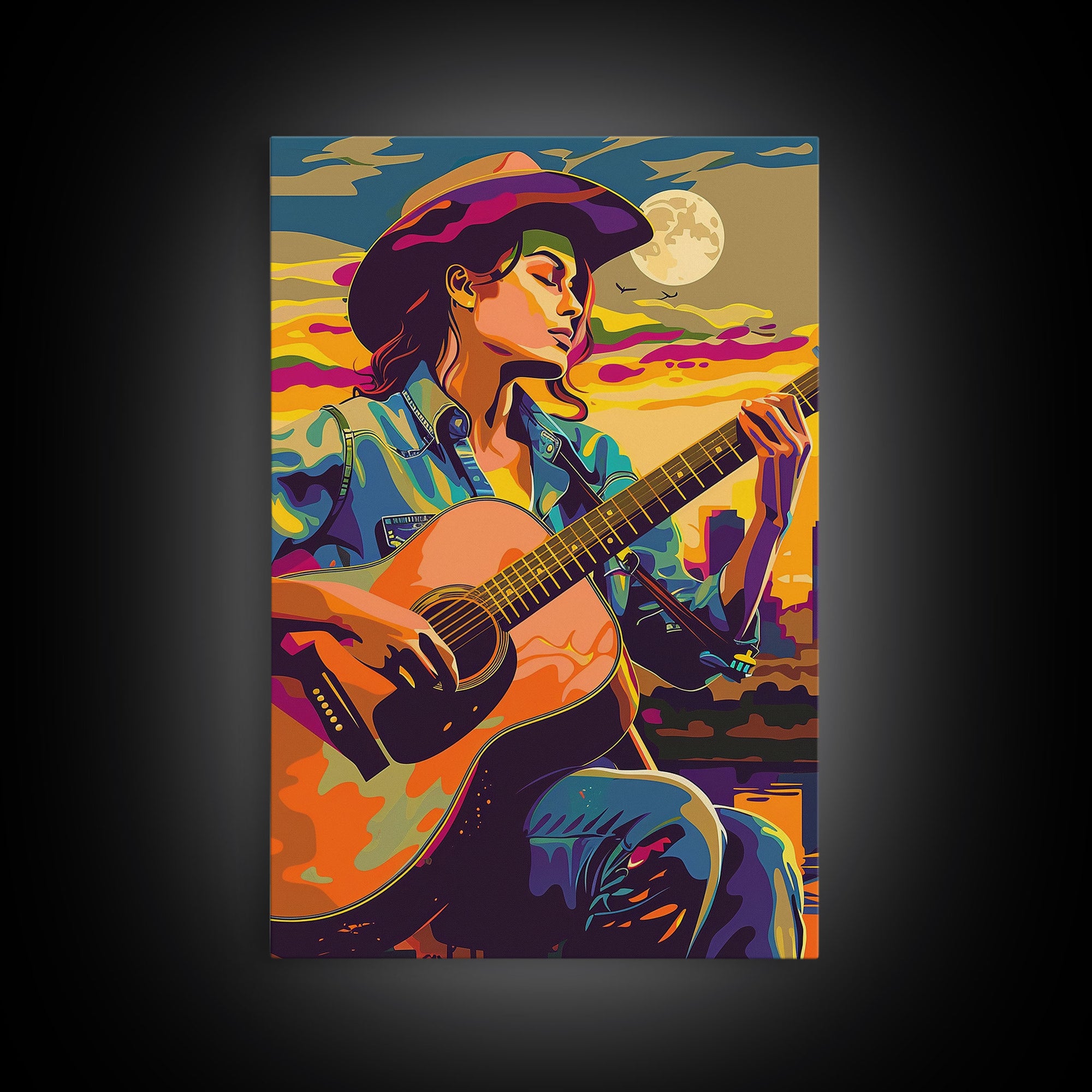 Country Cowboy playing guitar under a colorful sunset, pop art style Framed Canvas Print - music decor, country music art, vibrant wall art