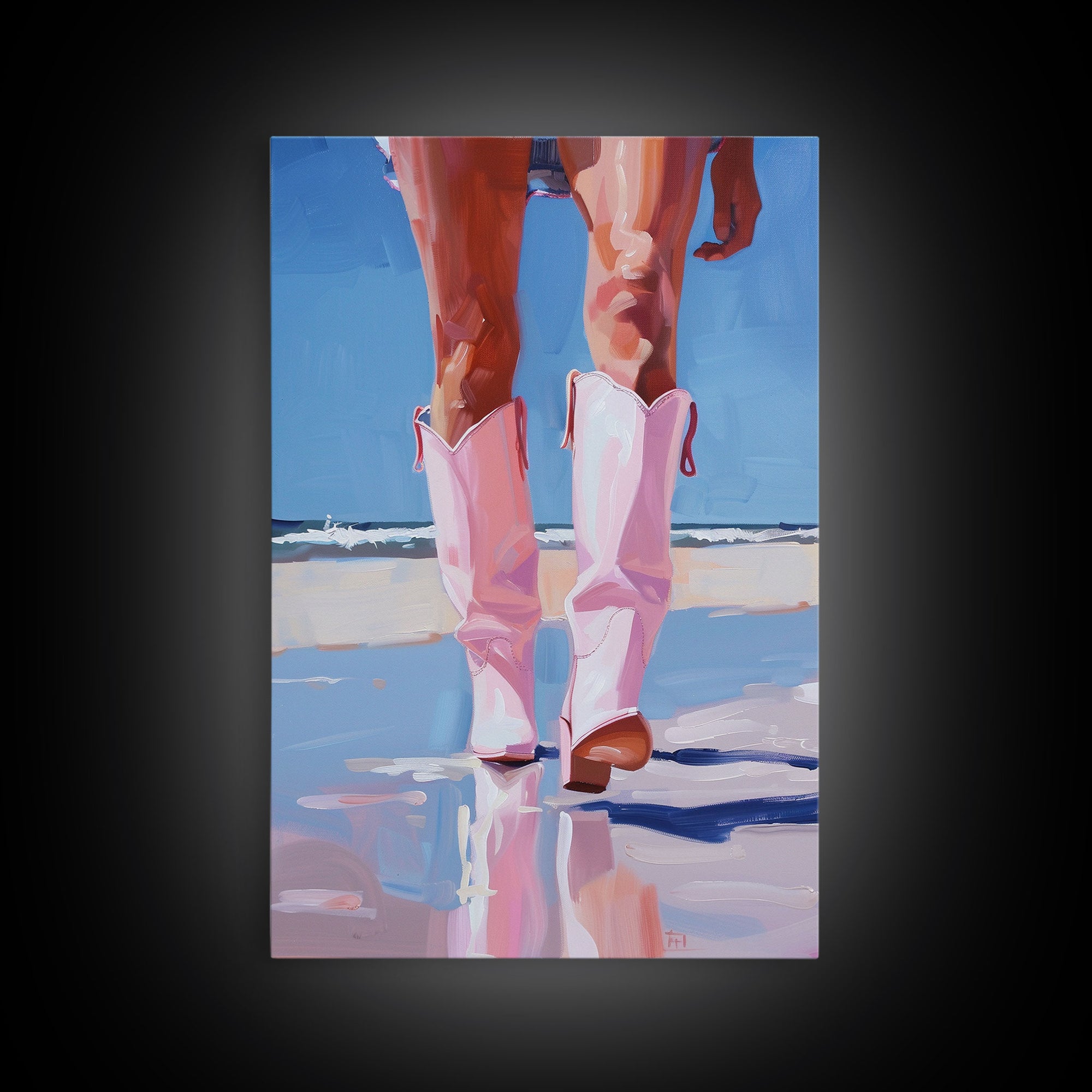 Woman wearing pink cowboy boots standing on the beach, vibrant pop art style Framed Canvas Print - beach fashion, coastal decor, summer art