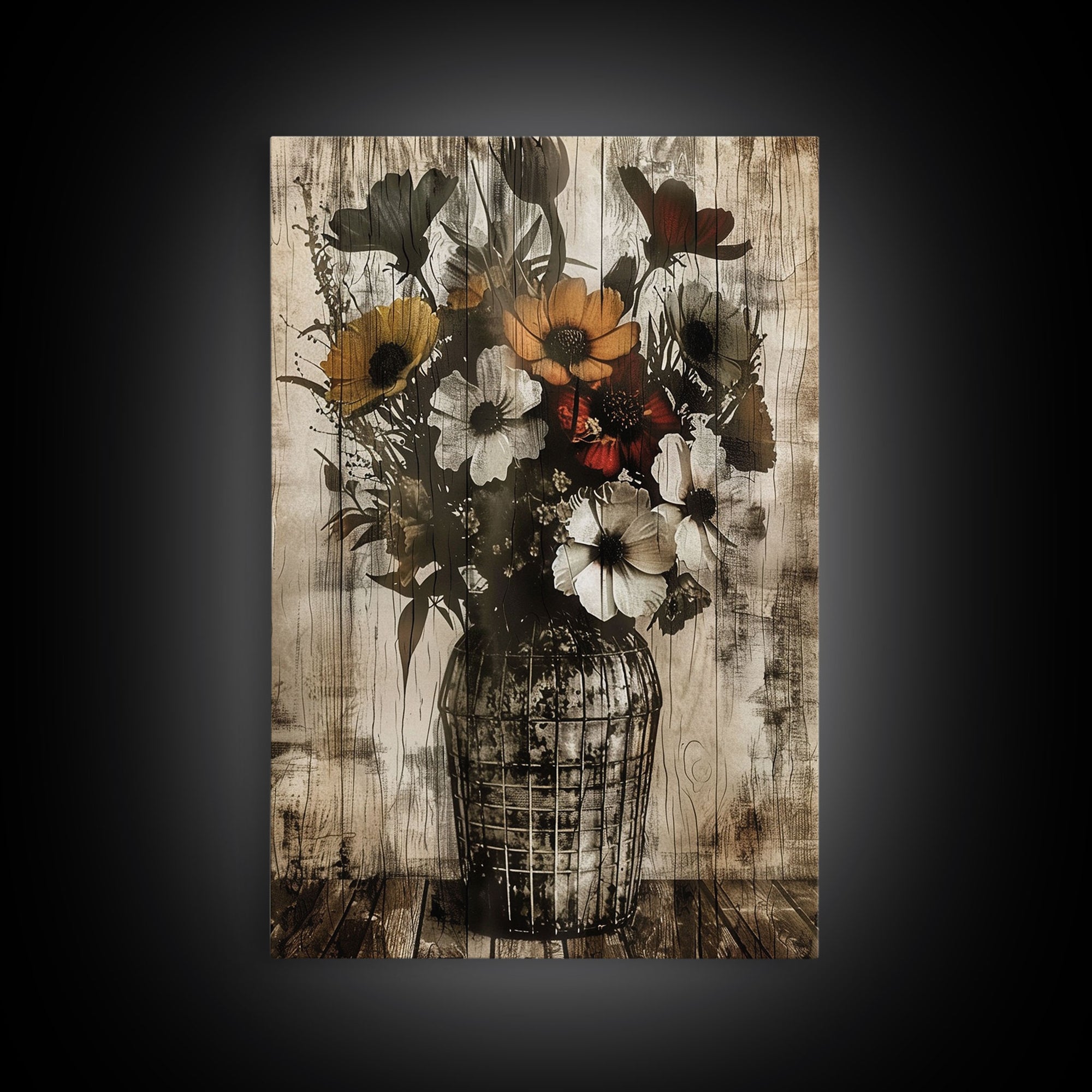 Rustic vase with colorful flowers against a distressed wooden background Framed Canvas Print - floral art, farmhouse decor, rustic wall art