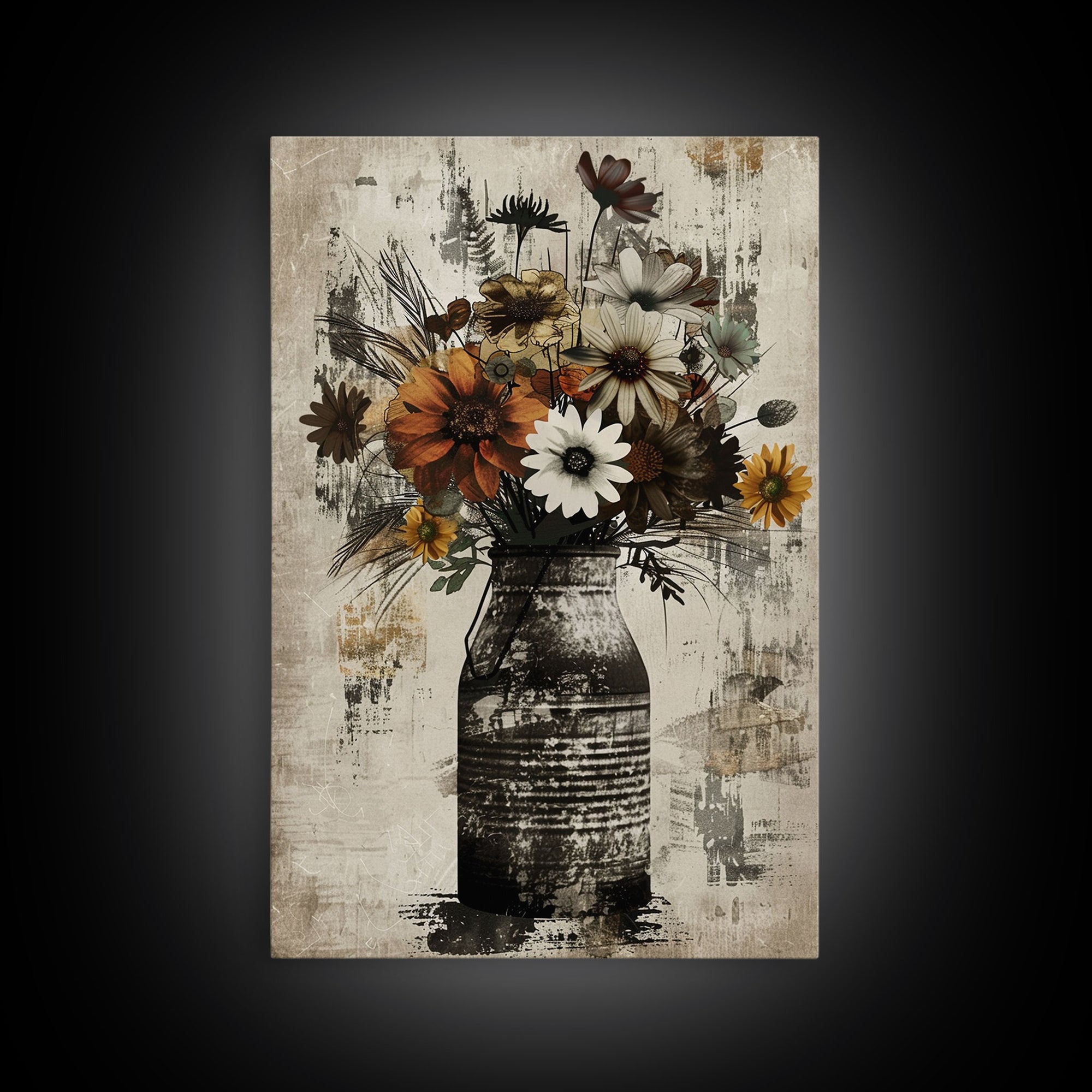 Rustic metal vase filled with autumn flowers on rustic background Framed Canvas Print farmhouse floral rustic decor, vintage flower print