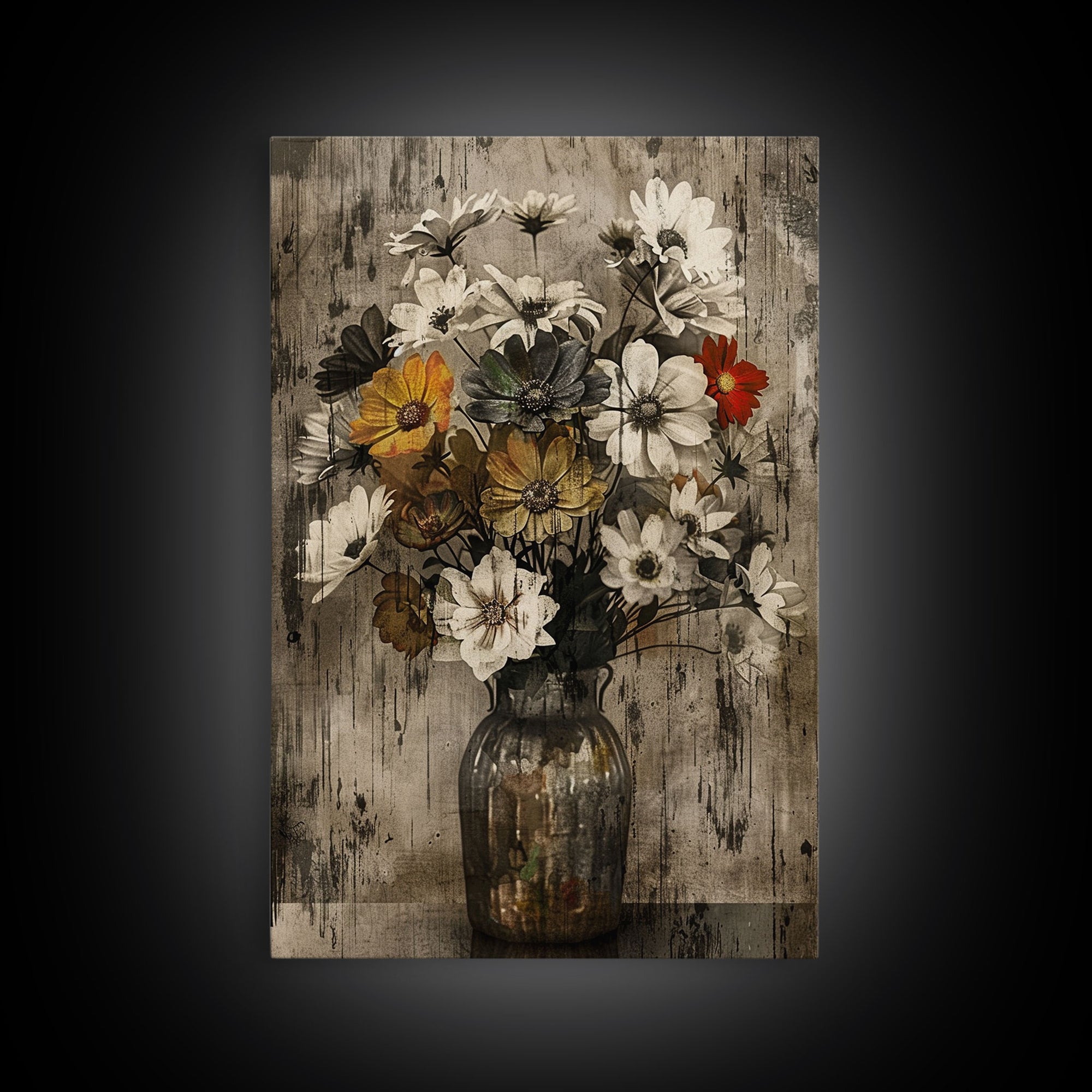 Rustic metal vase with wildflowers on a distressed background Framed Canvas Print - vintage floral art, farmhouse decor, rustic wall art