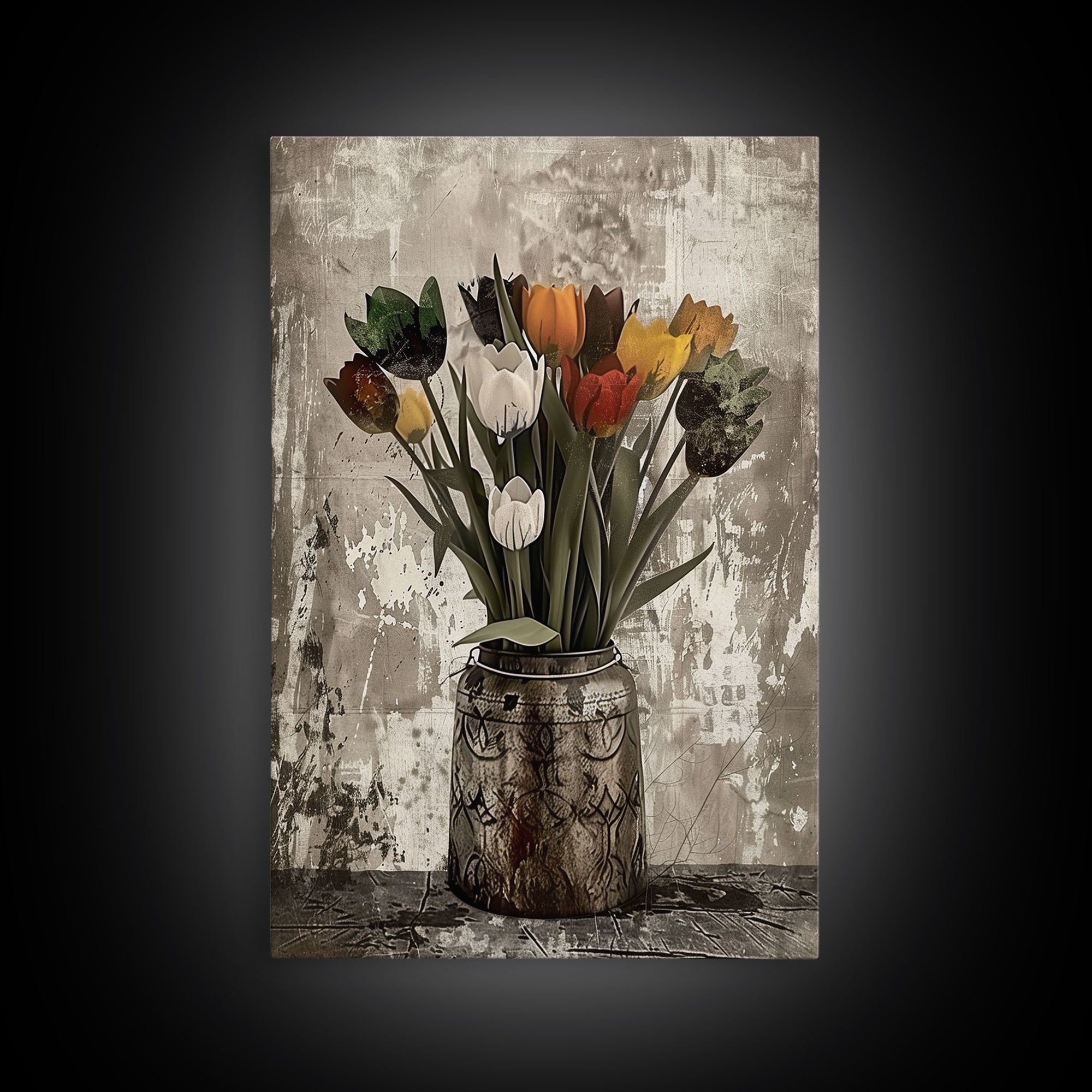 Rustic vase filled with tulips against a distressed background Framed Canvas Print - floral decor, farmhouse wall art, rustic flower print