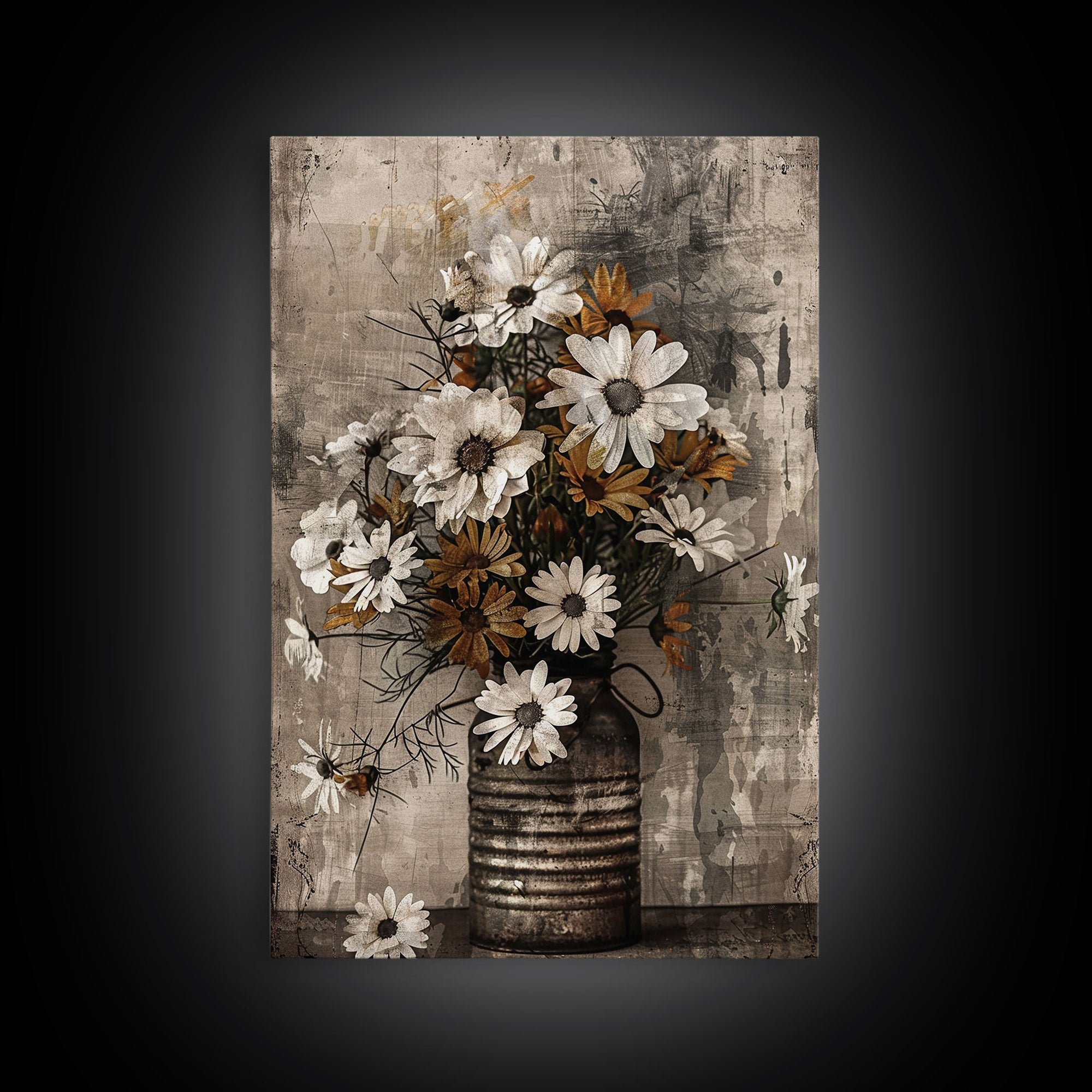 Rustic metal vase with daisies against a distressed background Framed Canvas Print - floral art, farmhouse decor, rustic wall art