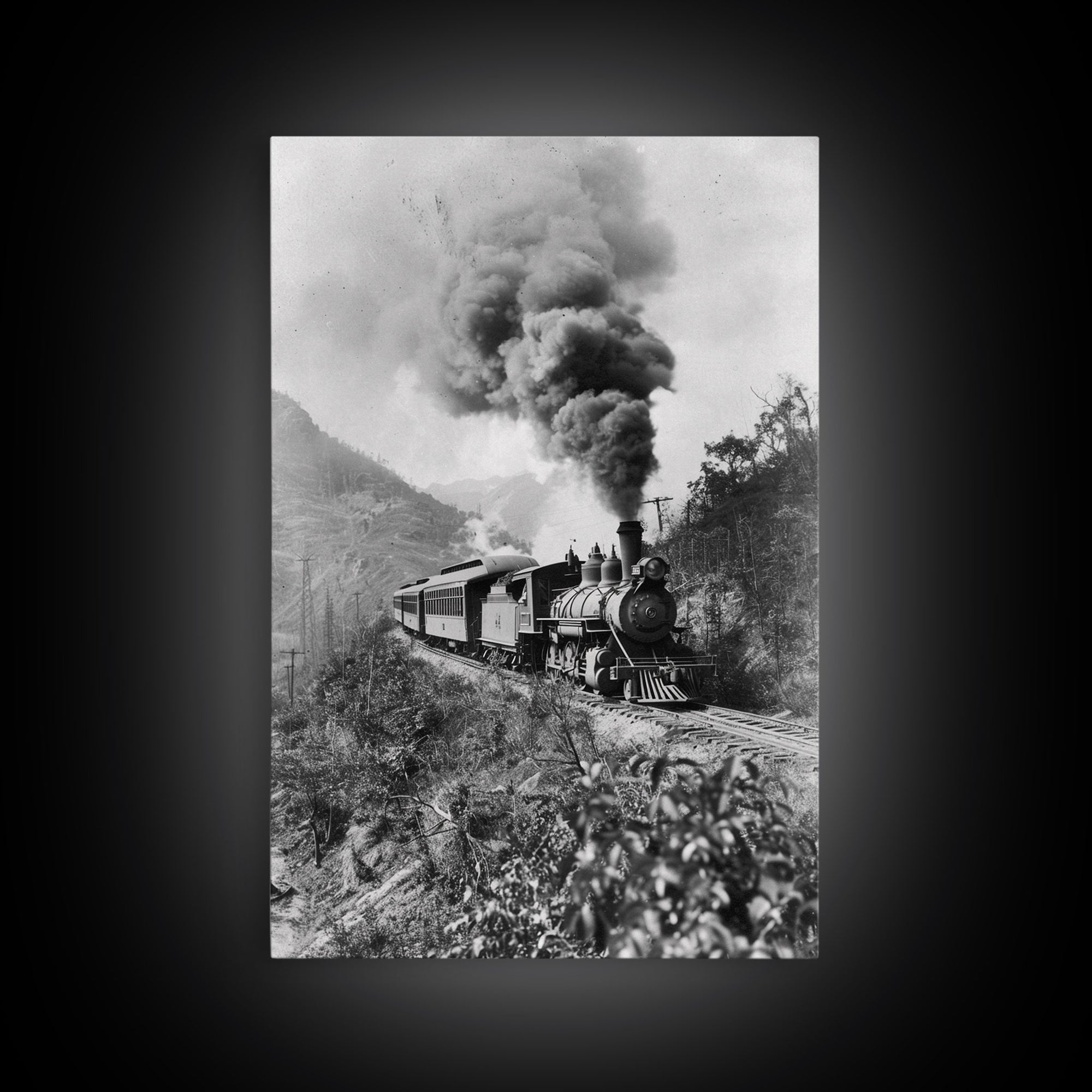 Vintage Train in Motion Black and White Photography - Framed Canvas Print, Railroad Art, Rustic Train Wall Art for Home Decor