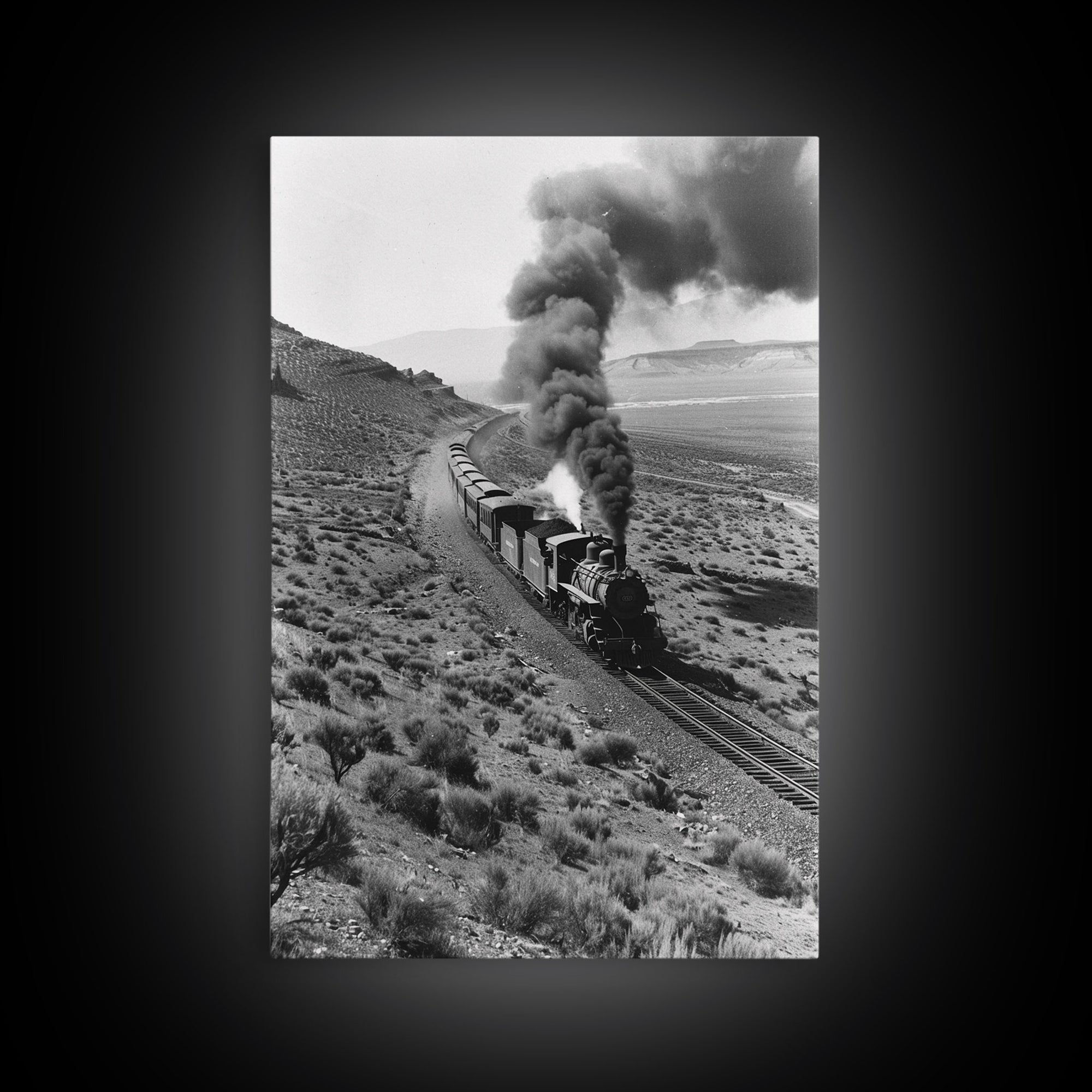 Train Journey Through the Desert Black and White Photography - Framed Canvas Print, Railroad Art, Rustic Train Wall Art Decor