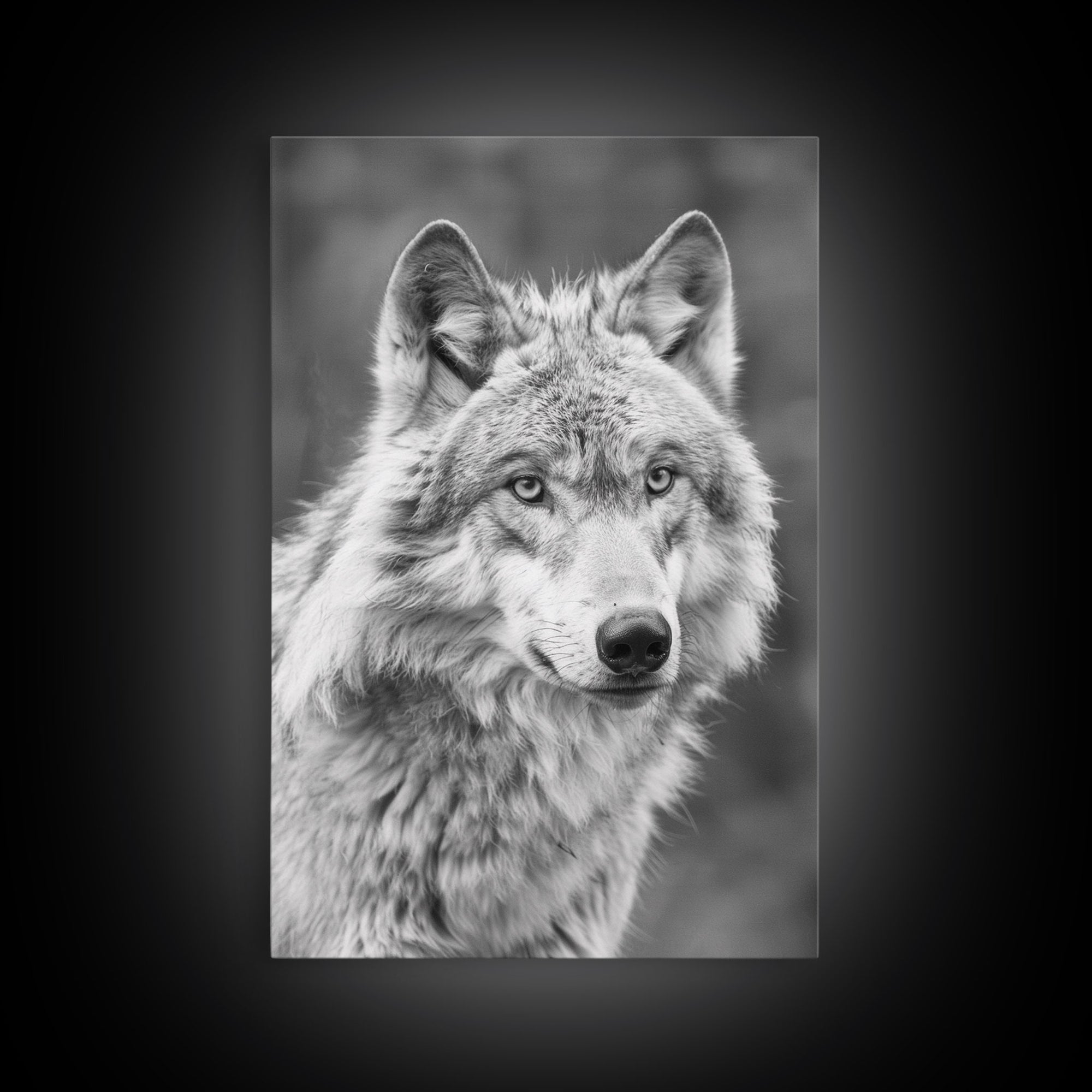 Wolf Portrait in Black and White Photography - Framed Canvas Print, Wildlife Photography, Rustic Wolf Art for Home Wall Decor