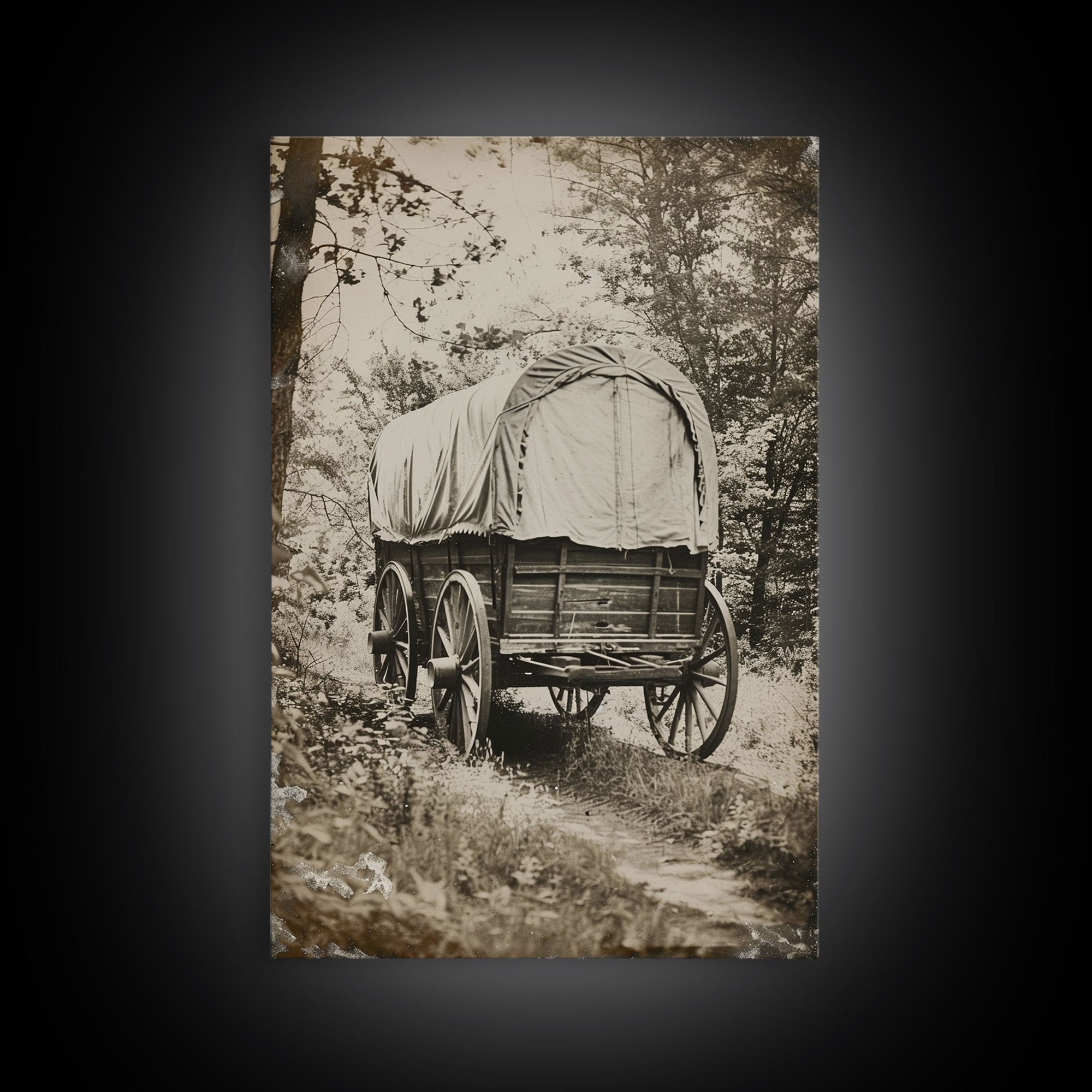 Pioneer Wagon in the Woods - Antique Canvas Print, Rustic Western Wall Art, Vintage Wagon Decor, Historical Art for Living Room