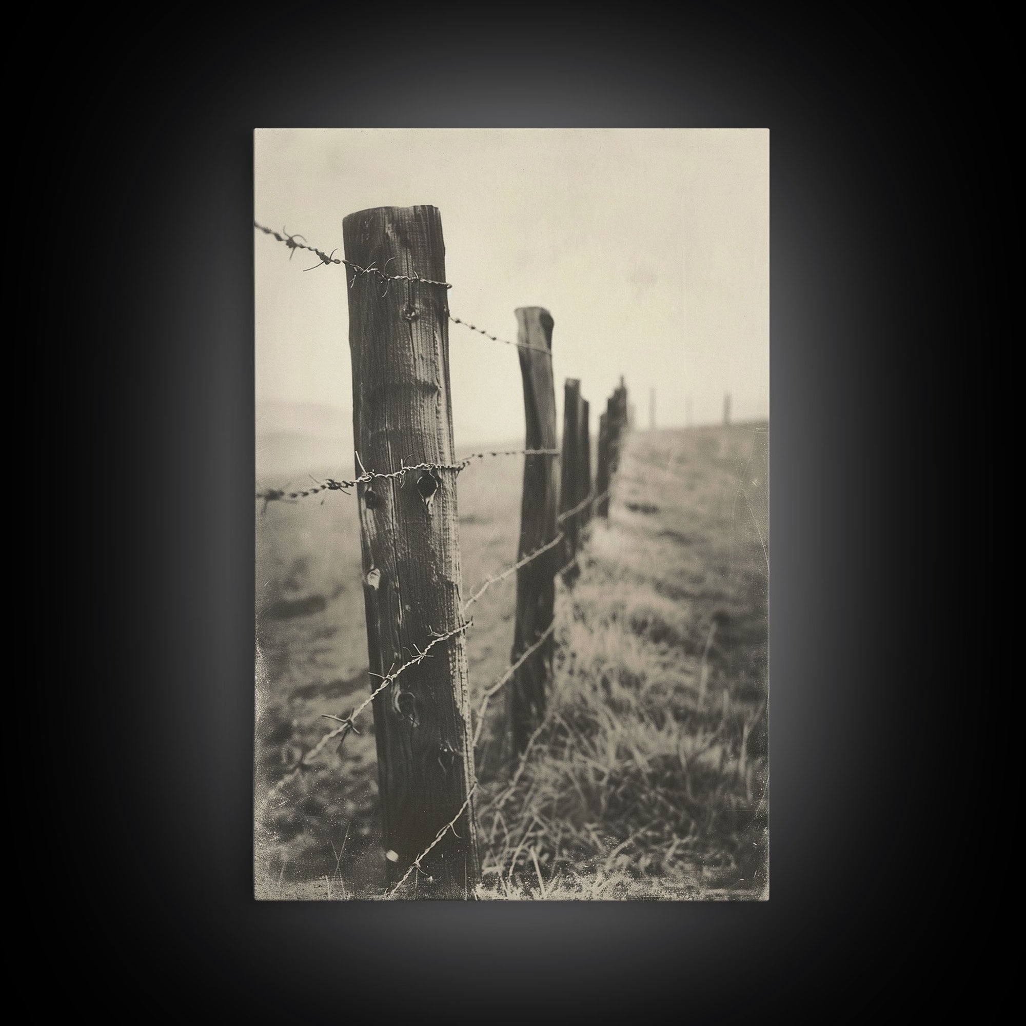 Rustic Barbed Wire Fence Sepia Print - Framed Canvas Wall Art, Western Decor for Living Room, Vintage Fence Art, Farmhouse Decor