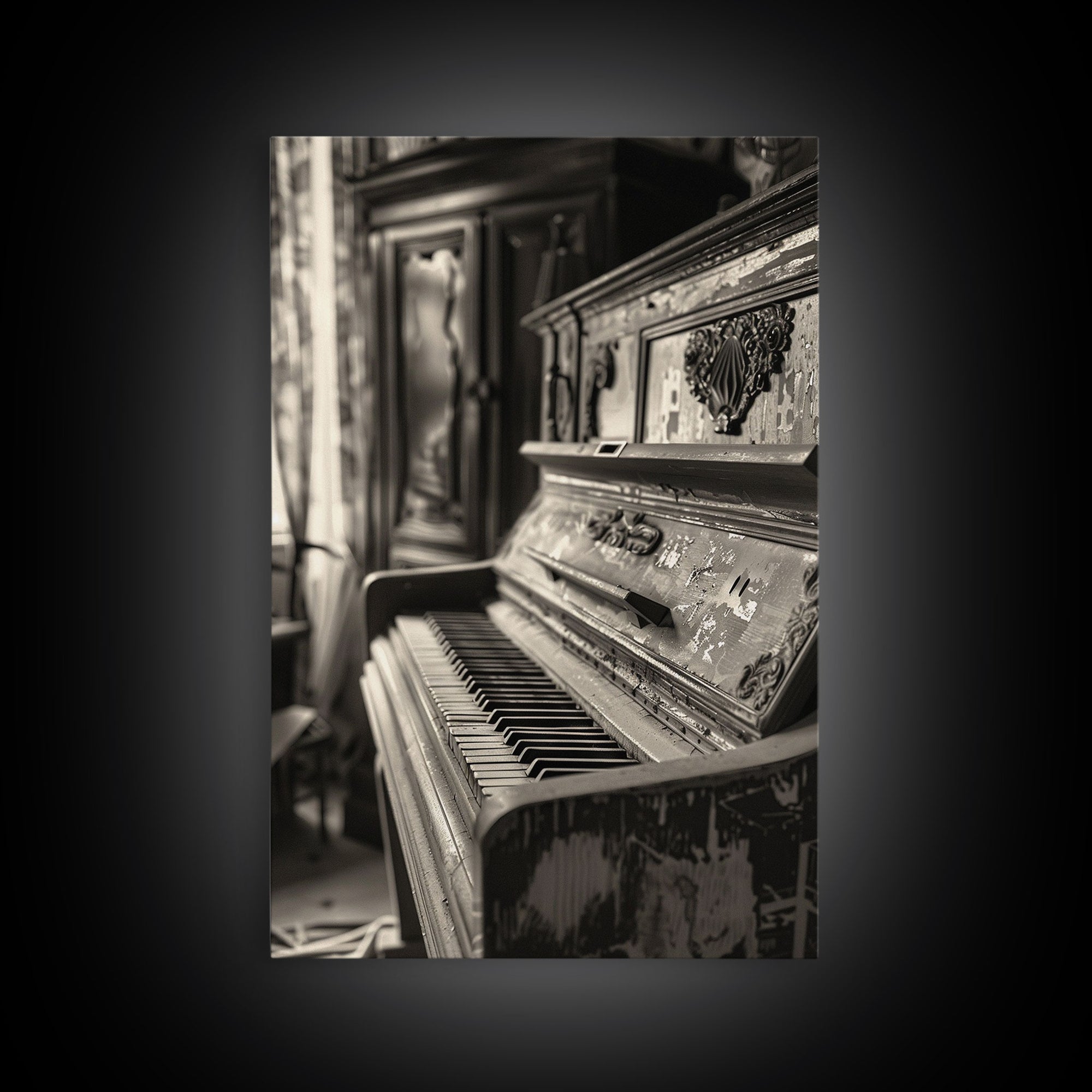 Vintage Rustic Piano Sepia Print - Framed Canvas Wall Art, Antique Music Decor for Living Room, Historical Piano Artwork for Home