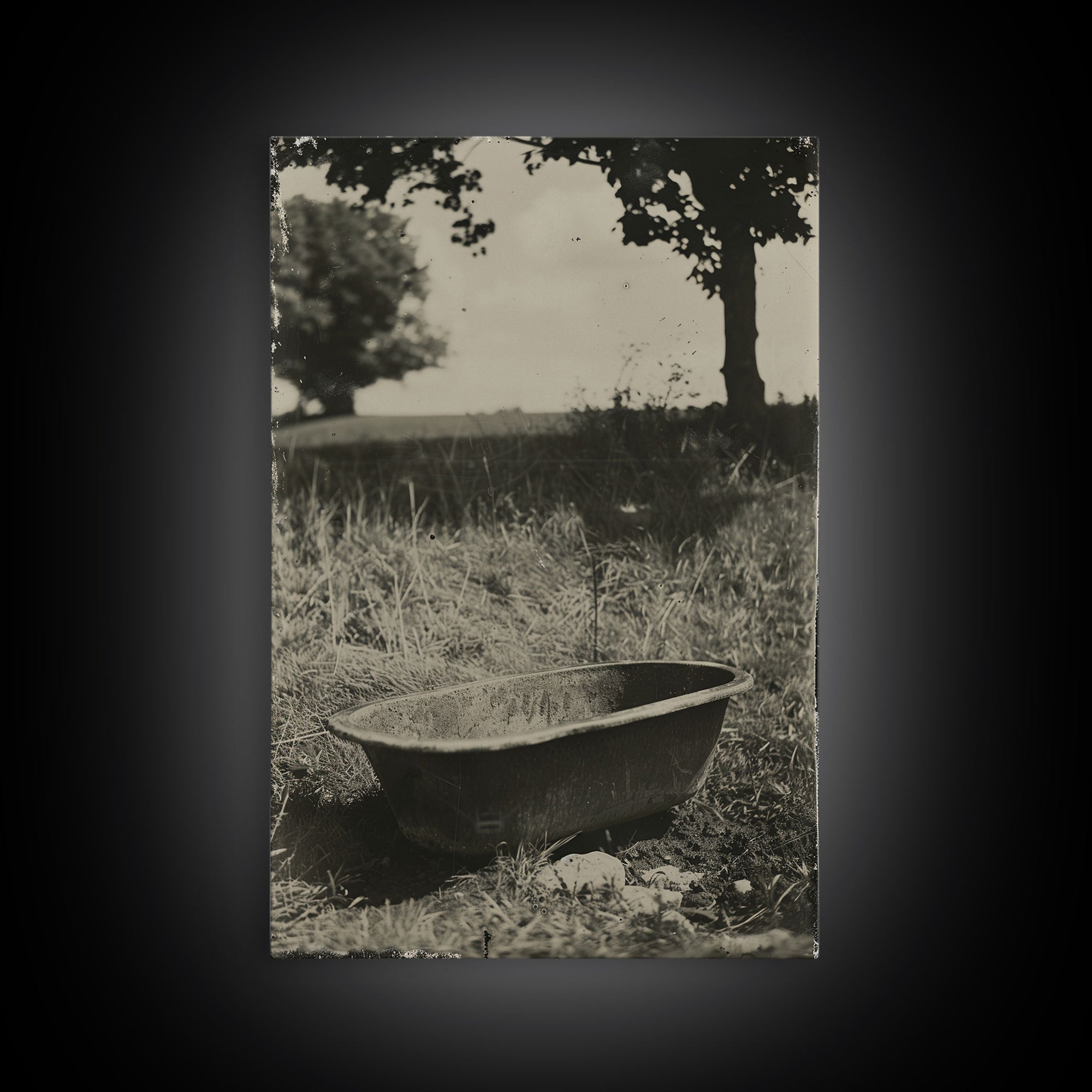 Vintage Farm Bathtub Sepia Print - Framed Canvas Wall Art, Rustic Country Decor, Antique Bathtub Artwork for Living Room, Farmhouse Art