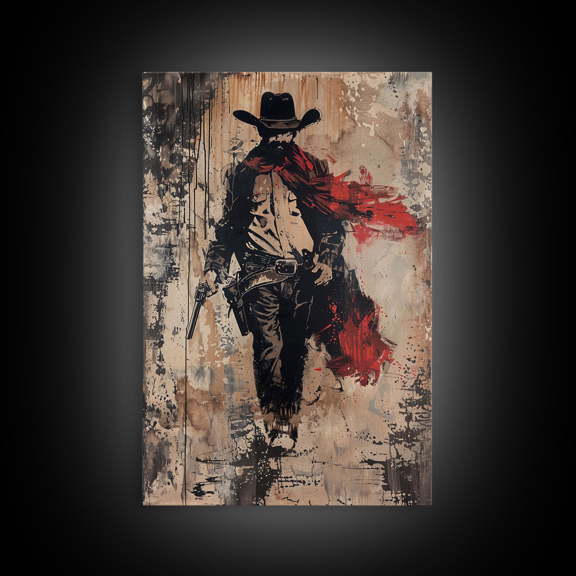 Cowboy with Red Scarf Art Print - Framed Canvas Western Wall Art, Rustic Cowboy Decor for Living Room, Vintage Western Artwork, Cowboy Art