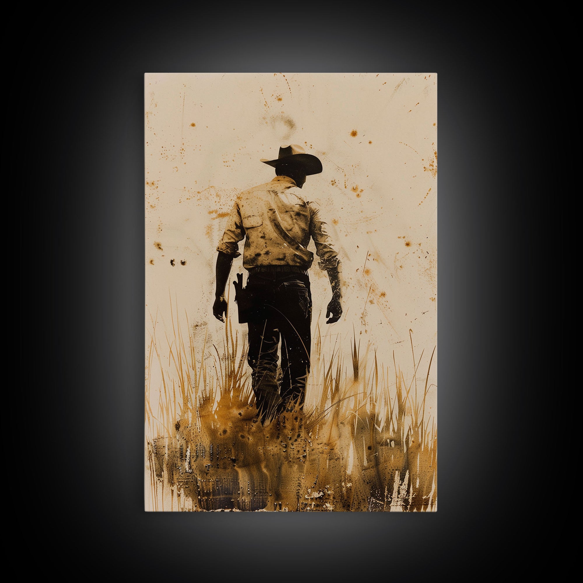 Cowboy Walking in the Field Print - Framed Canvas Wall Art, Rustic Western Decor, Cowboy Artwork for Living Room, Vintage Art, Rustic Decor