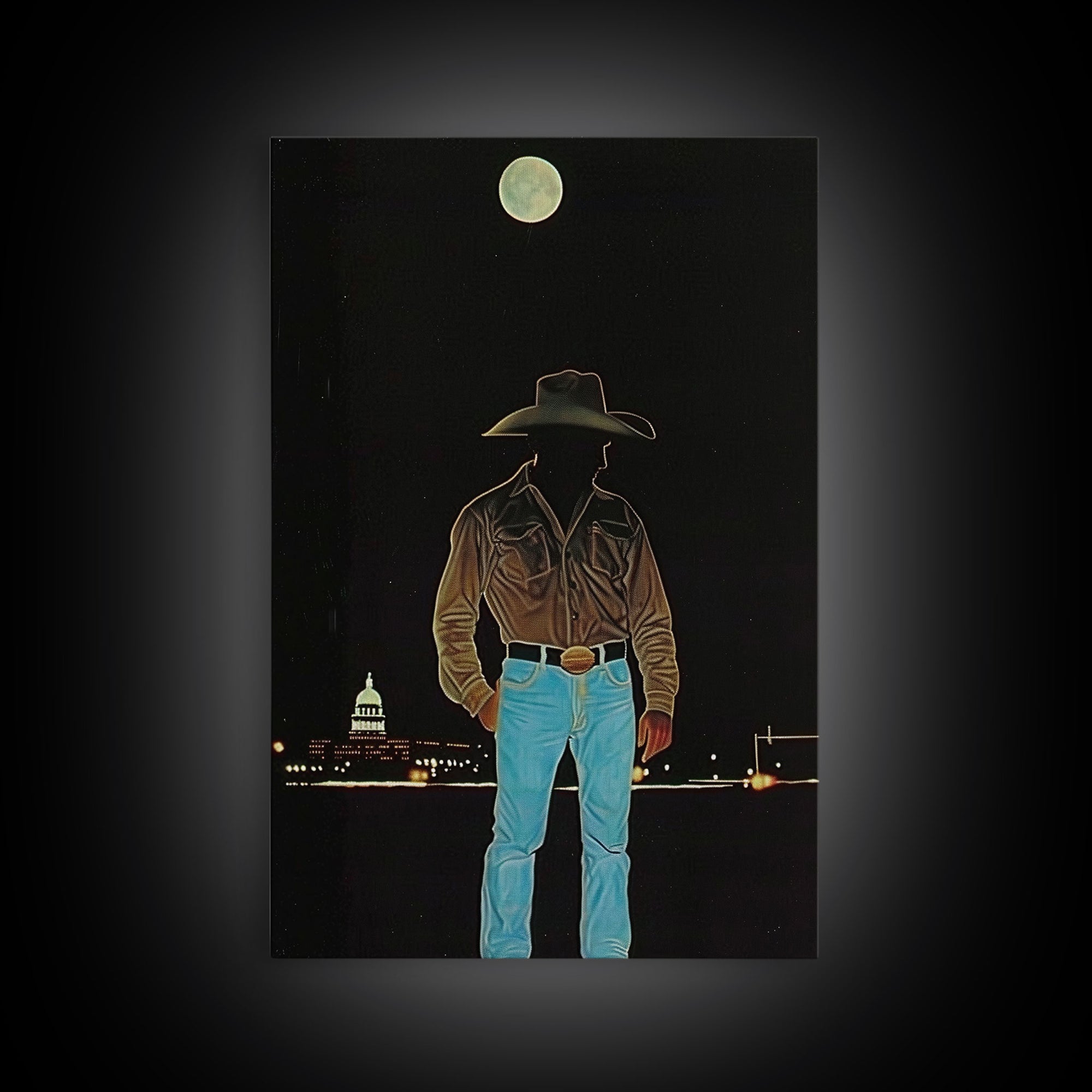 Cowboy Under the Moon Print - Framed Canvas Wall Art, Rustic Western Decor, Nighttime Cowboy Artwork for Living Room, Western Night Sky