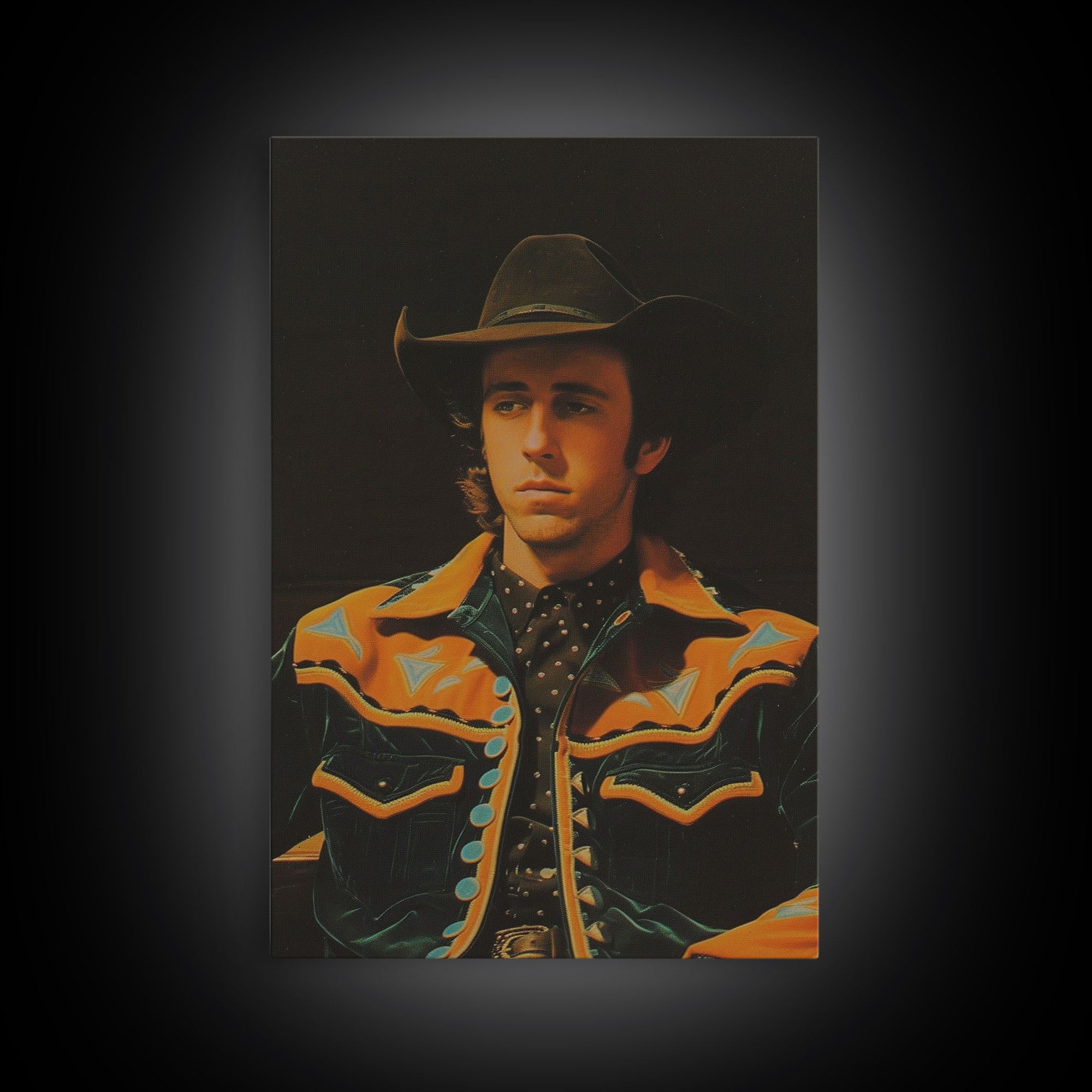 Retro Cowboy Portrait Print - Framed Canvas Wall Art, Rustic Western Decor, Vintage Cowboy Artwork for Living Room, Historical Portrait