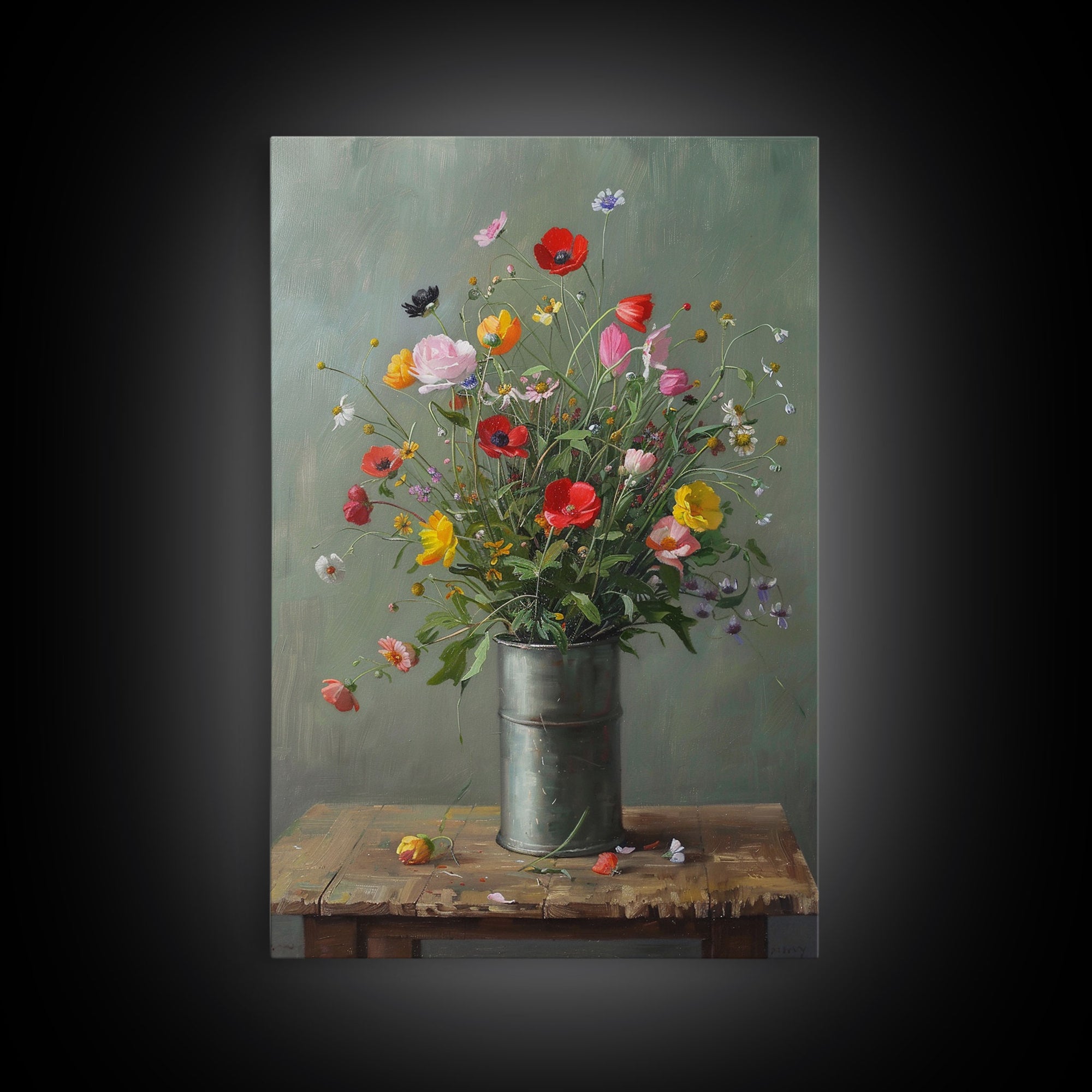 Rustic Flower Vase Art on Weathered Table - Framed Canvas Print, Country Living Room Decor, Farmhouse Floral Wall Art, Vintage Floral Design