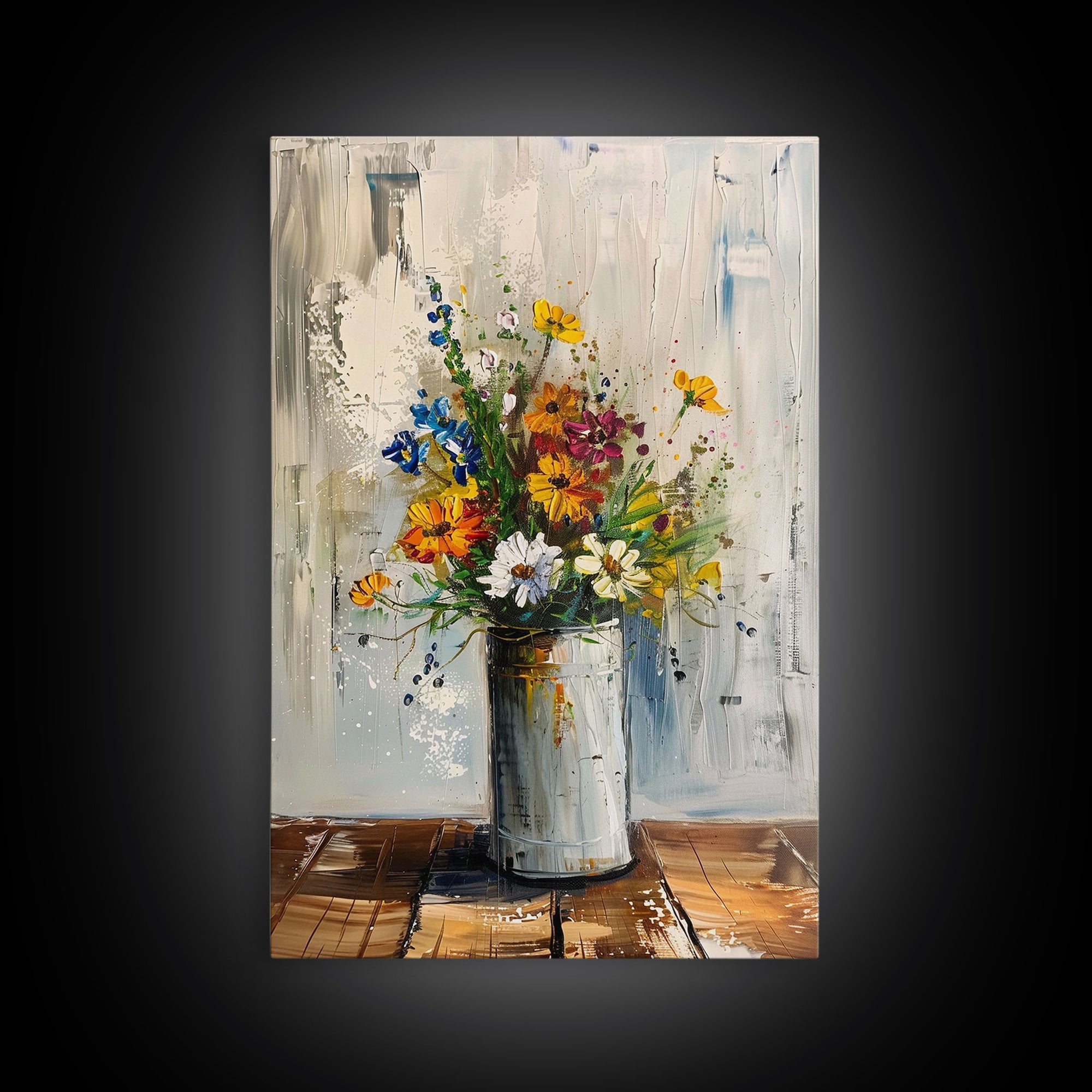 Modern Abstract Flower Vase Art - Framed Canvas Print, Colorful Floral Decor for Living Room, Contemporary Flower Artwork, Bright Home Decor