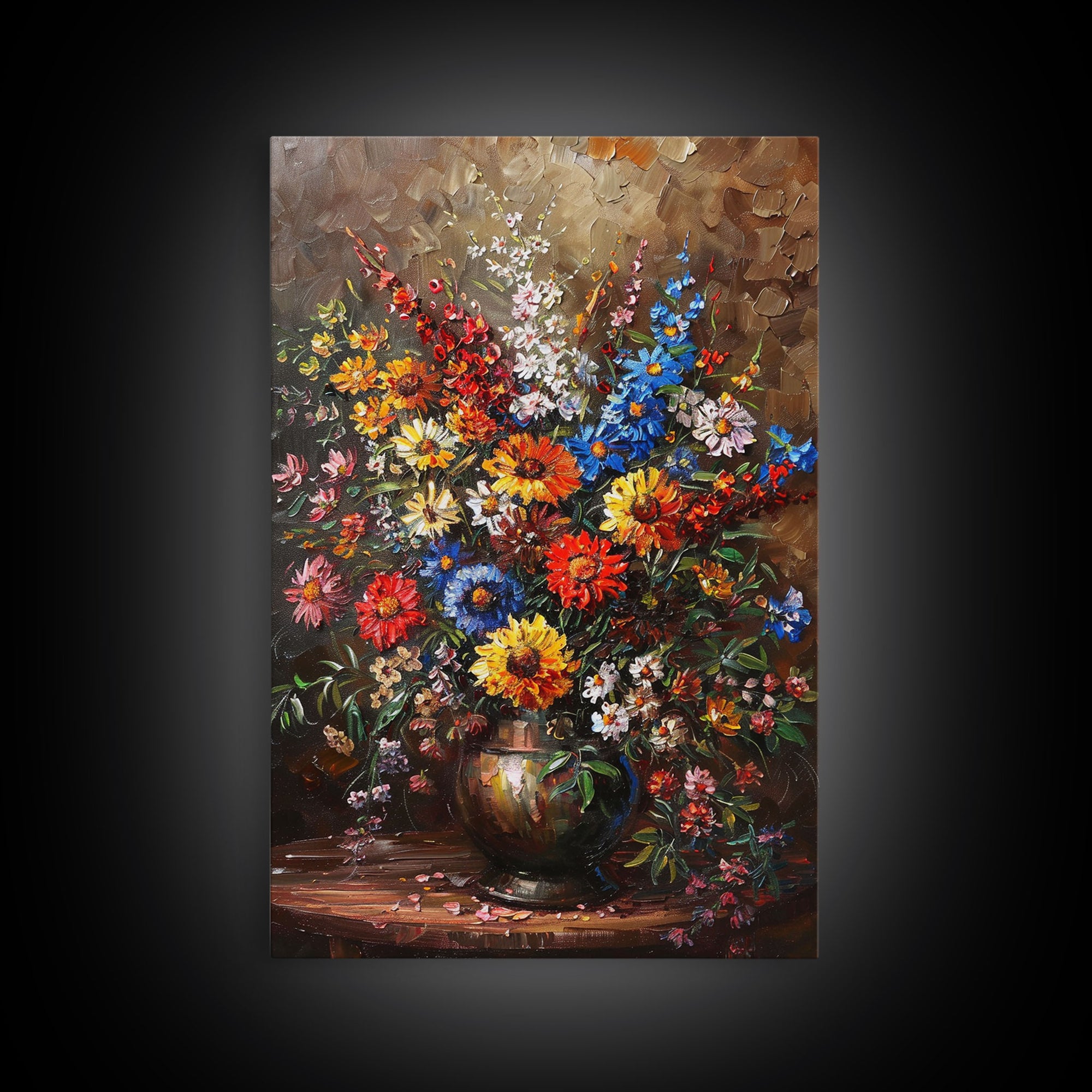 Bold Flower Bouquet Art on Dark Background - Framed Canvas Print, Vibrant Floral Wall Art for Living Room, Modern Artwork, Flower Decor