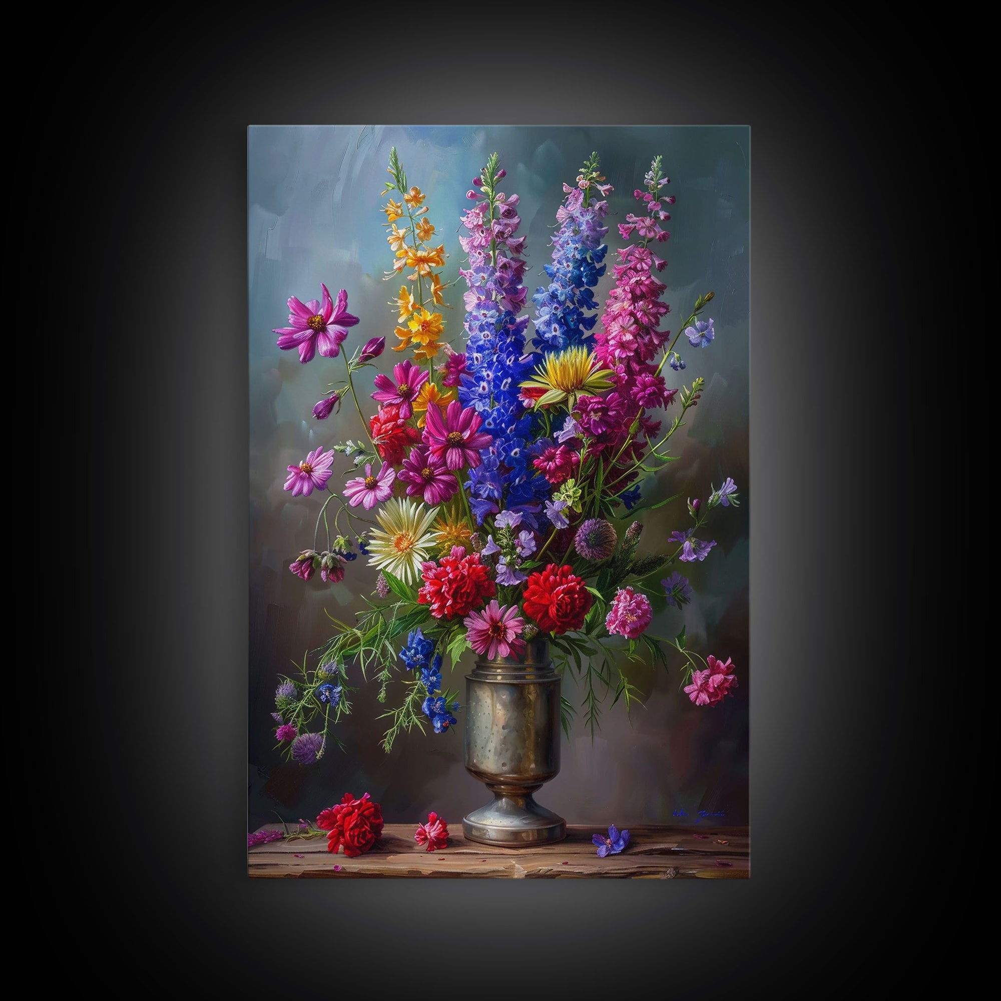 Dramatic Floral Vase Art on Rich Background - Framed Canvas Print, Bold Flower Decor for Living Room, Botanical Artwork, Floral Wall Art