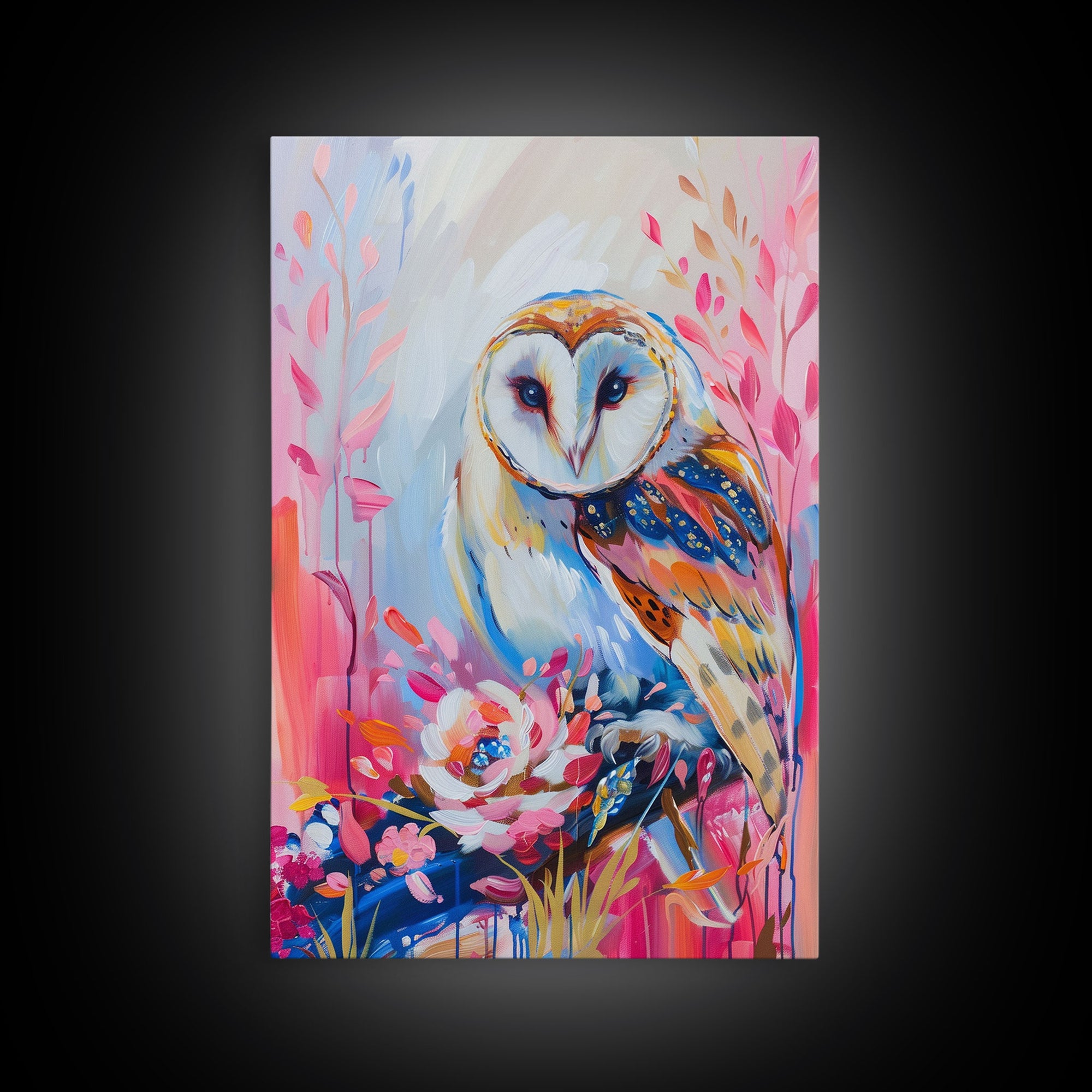 Colorful Owl Art on Pink Background - Framed Canvas Print, Modern Animal Decor for Living Room, Bright Bird Artwork, Whimsical Wall Art