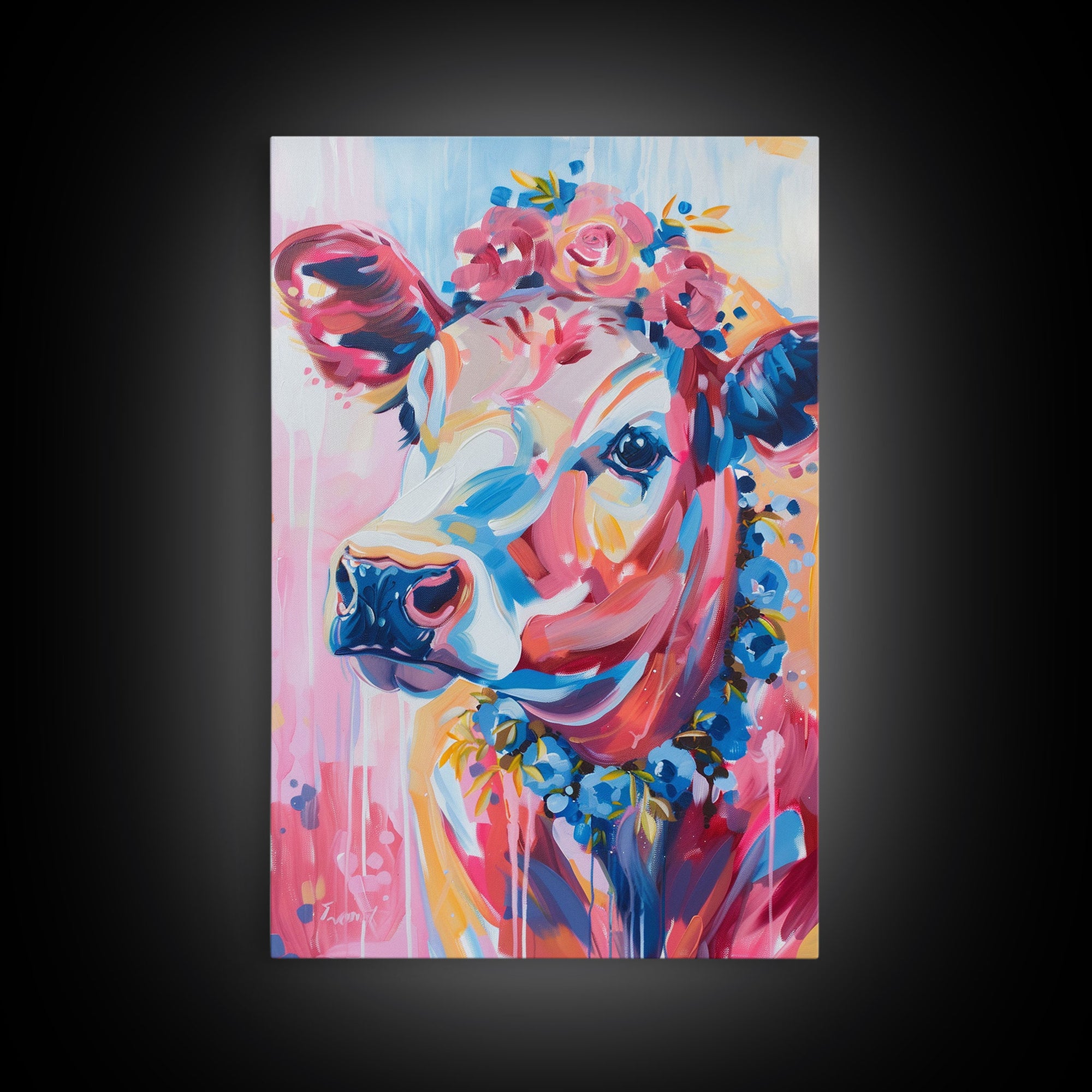 Floral Crowned Cow Portrait - Whimsical Farmhouse Wall Art, Vibrant Animal Painting, Bedroom Decor, Cute Cow Canvas Print