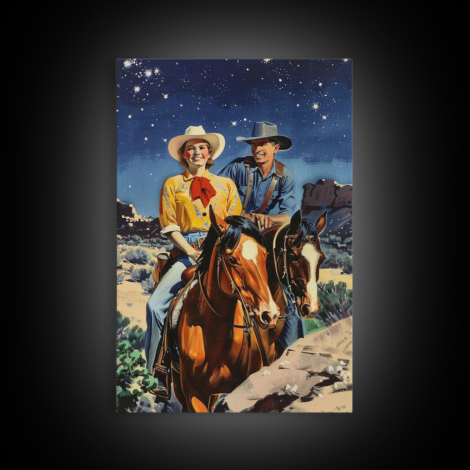 Vintage Western Couple Riding Horses Under Stars - Rustic Cowboy Wall Art, Night Sky Painting, Living Room Decor, Western Canvas