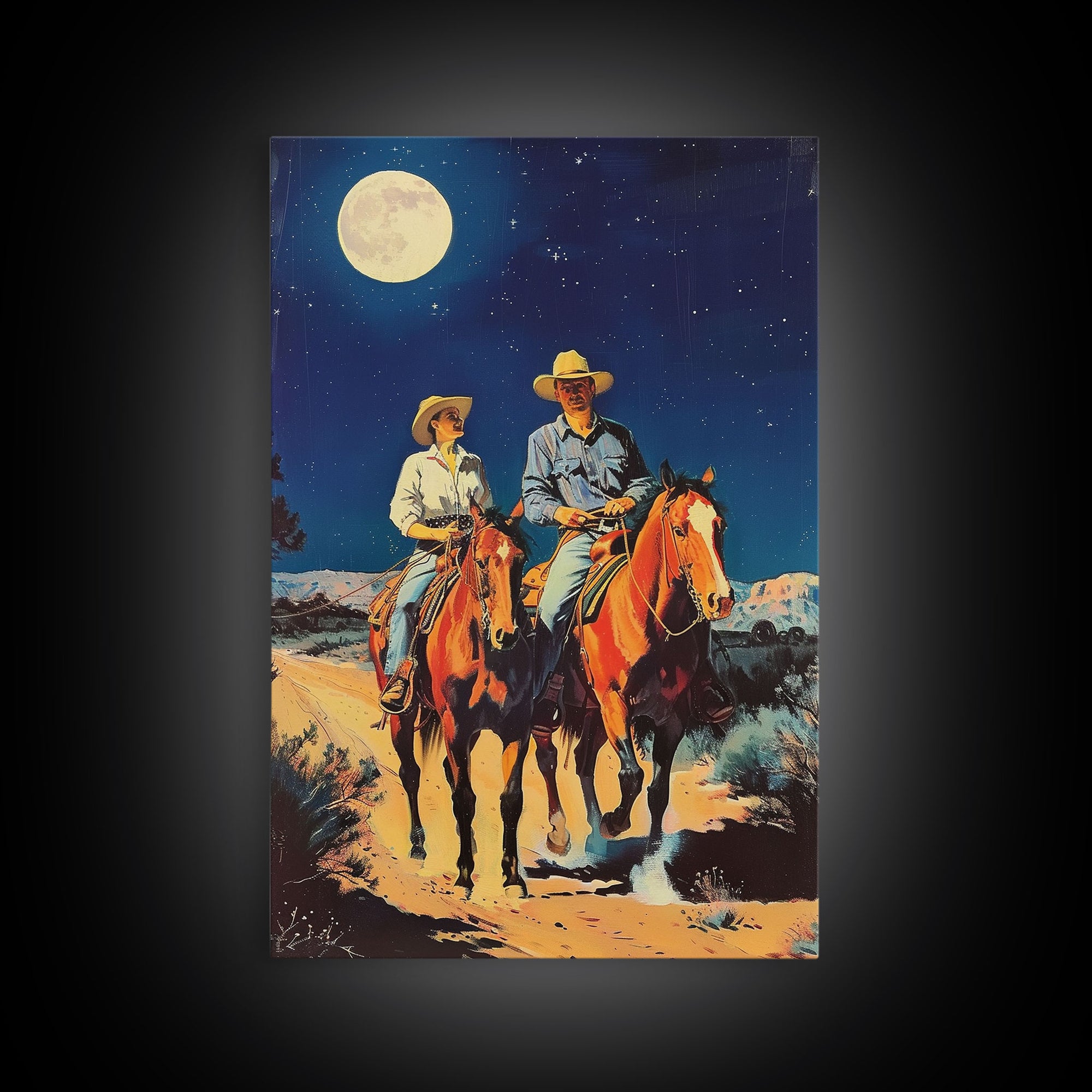 Western Cowboys Riding Horses Under Moonlight - Rustic Night Sky Wall Art, Cowboy Painting, Living Room Decor, Western Canvas