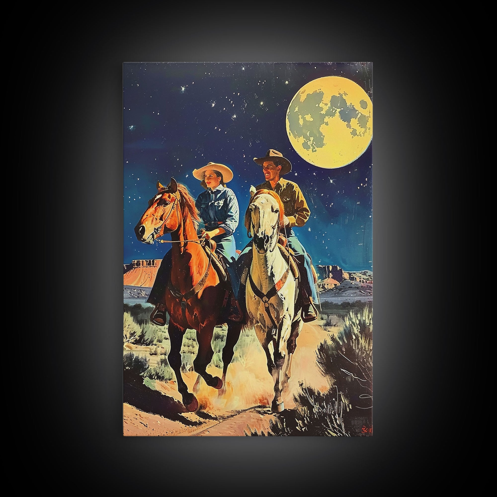 Vintage Cowboy Couple Under Moonlit Sky - Rustic Western Wall Art, Night Sky Painting, Bedroom Decor, Cowboy Canvas Print