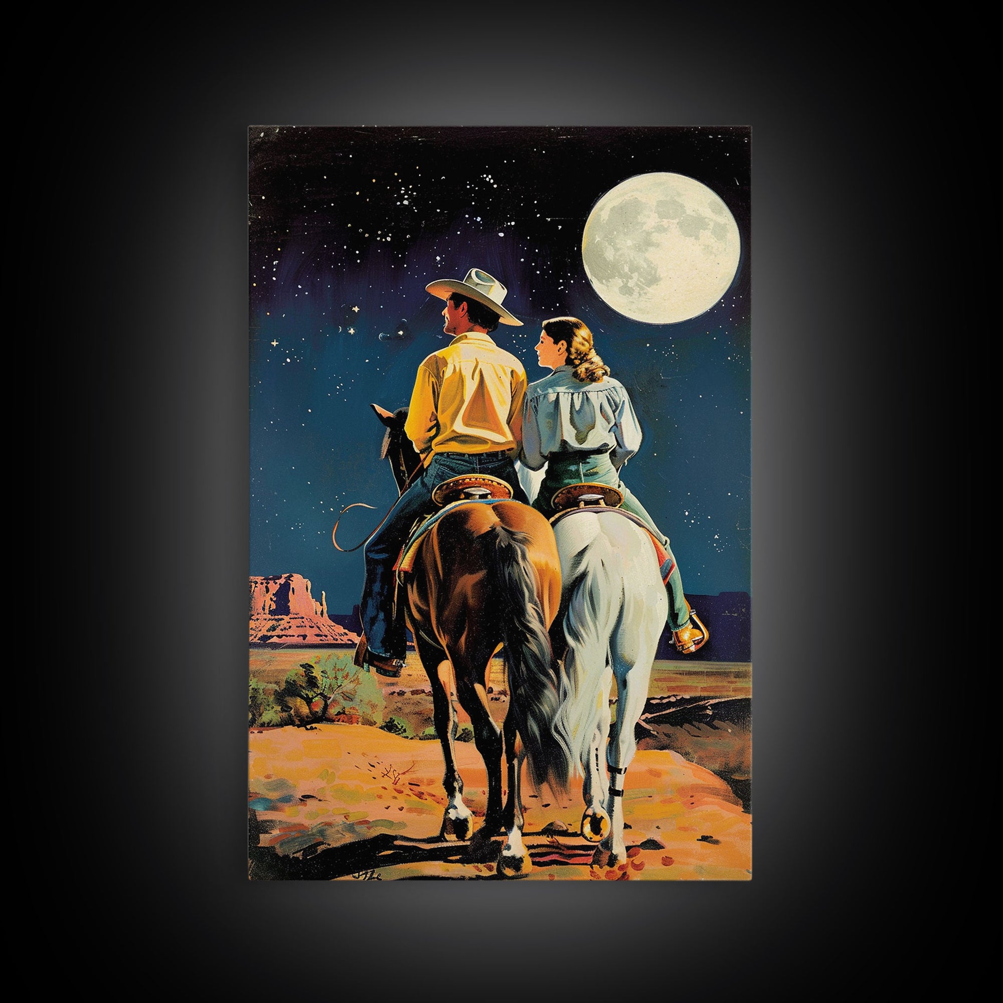 Cowboy Couple Gazing at Moon - Vintage Western Wall Art, Romantic Night Sky Painting, Living Room Decor, Cowboy Canvas Print