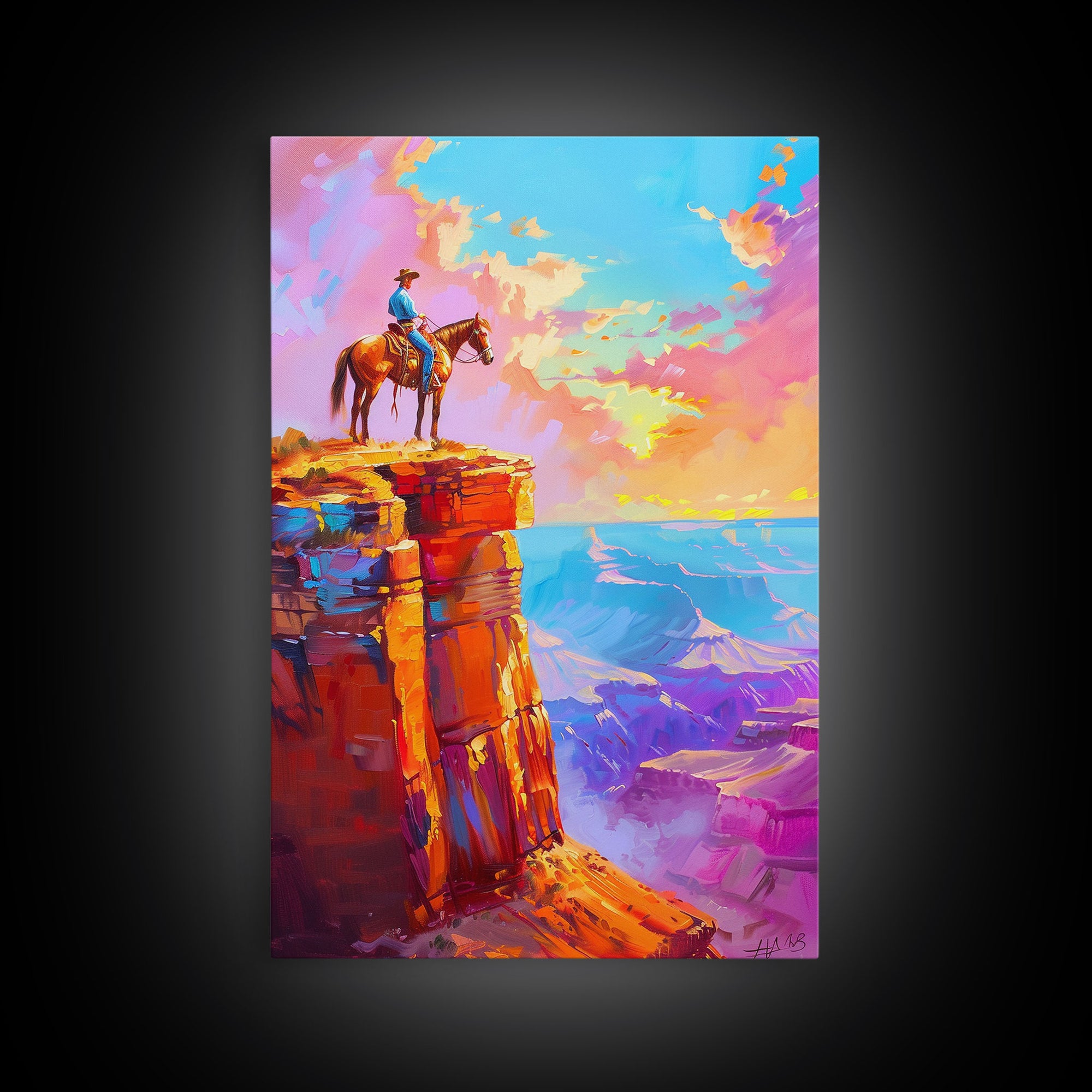 Cowboy on Cliff Edge at Sunset - Colorful Western Landscape Painting, Sunset Wall Art, Living Room Decor, Cowboy Canvas Print