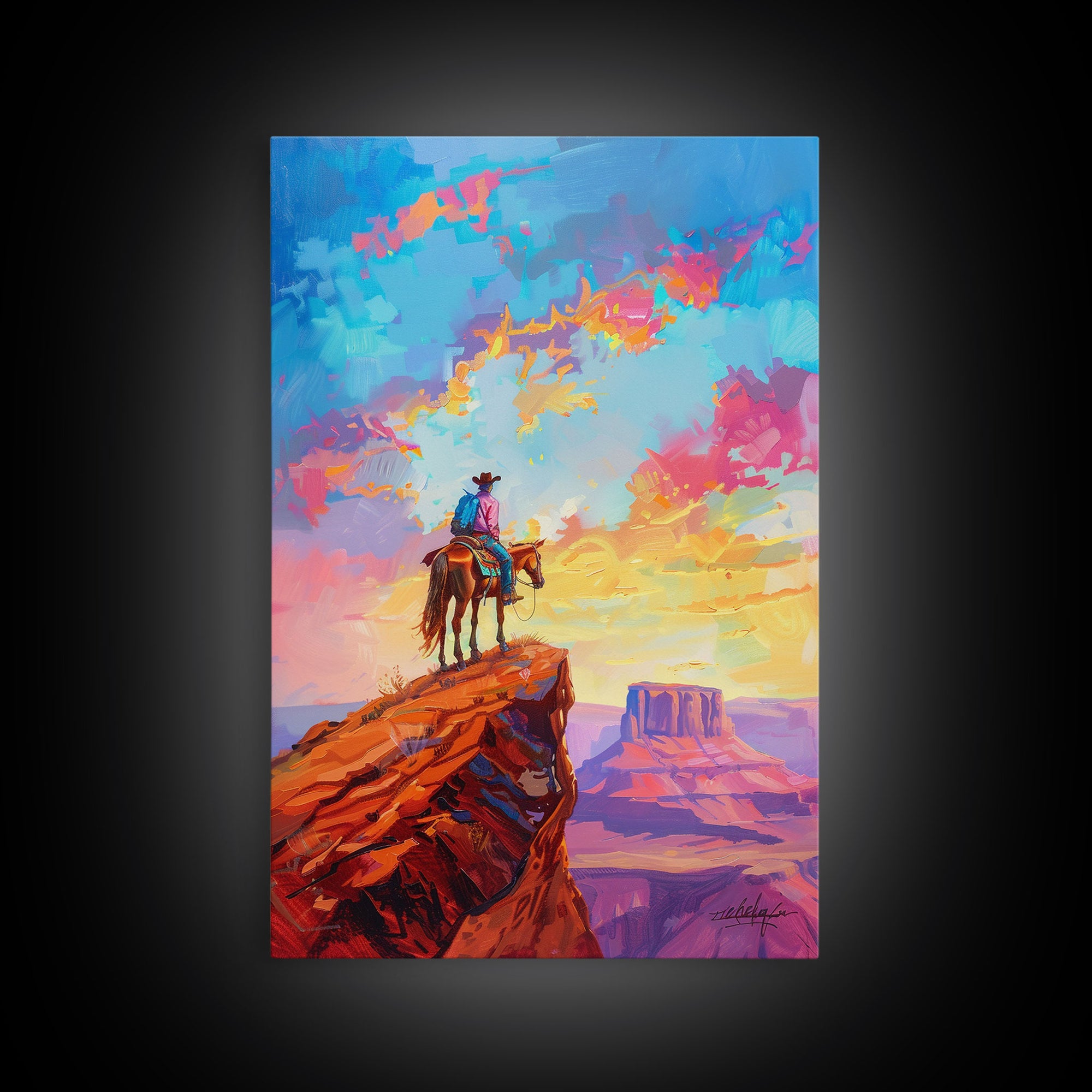 Cowboy on Horseback Overlooking Canyon - Vibrant Western Landscape Art, Sunset Painting, Living Room Decor, Cowboy Canvas Print