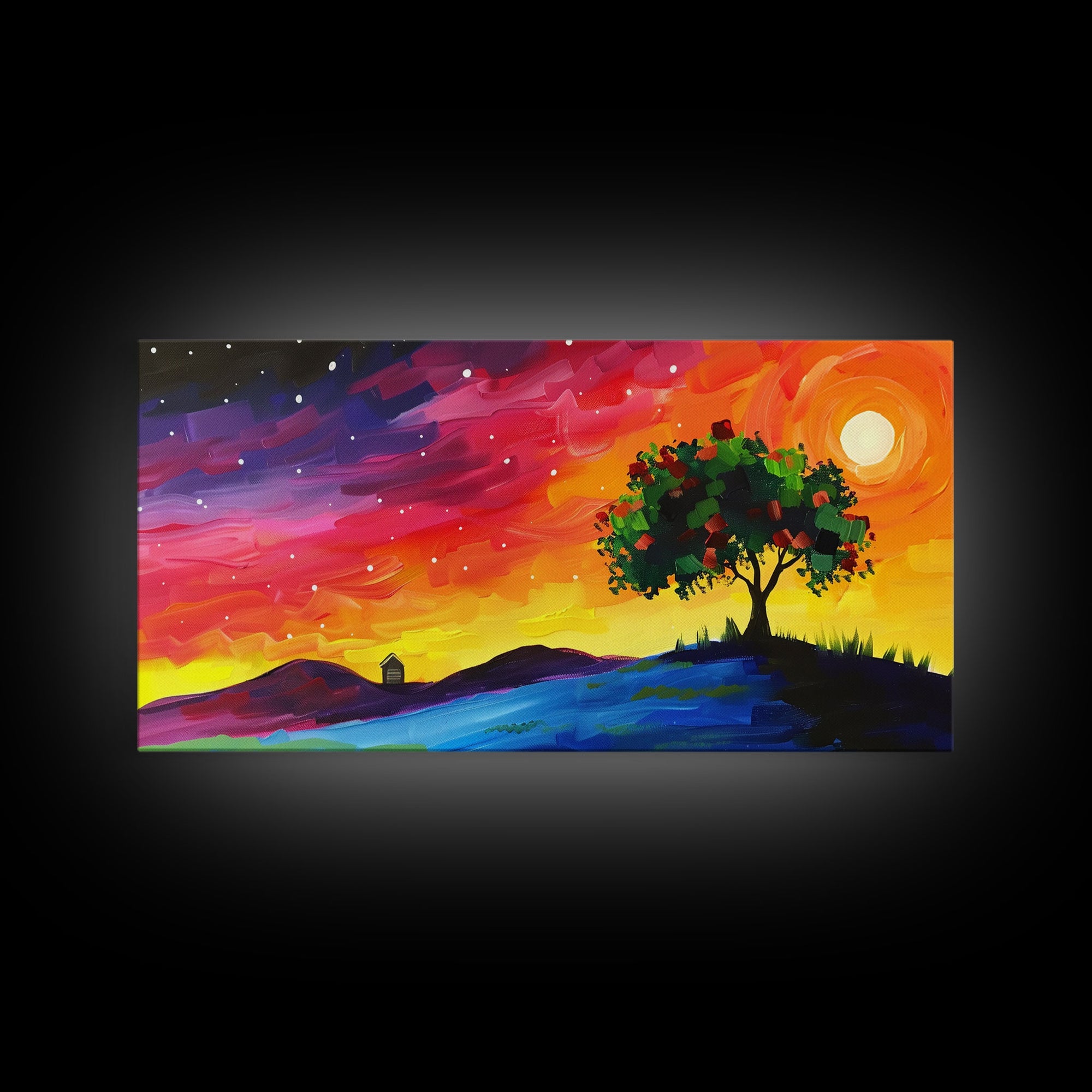 Vibrant Tree Under Starry Sky, Framed Canvas Print, Perfect for Living Room Art, Modern Home Decor, Colorful Bedroom Wall Art