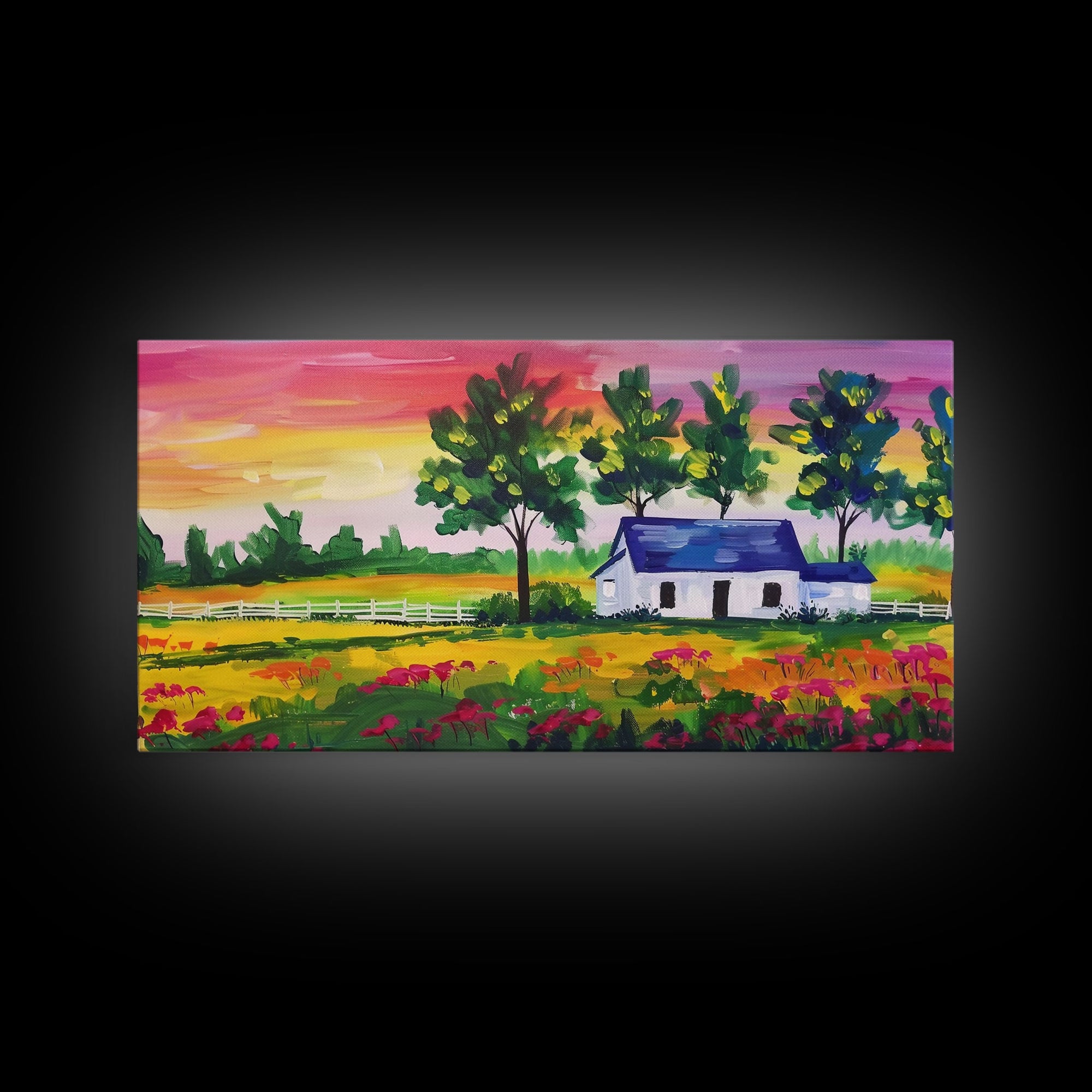 Vibrant Farmhouse Scene with Trees and Flowers, Perfect Living Room Art, Framed Canvas Print, Rustic Home Decoration, Minimalist Decor