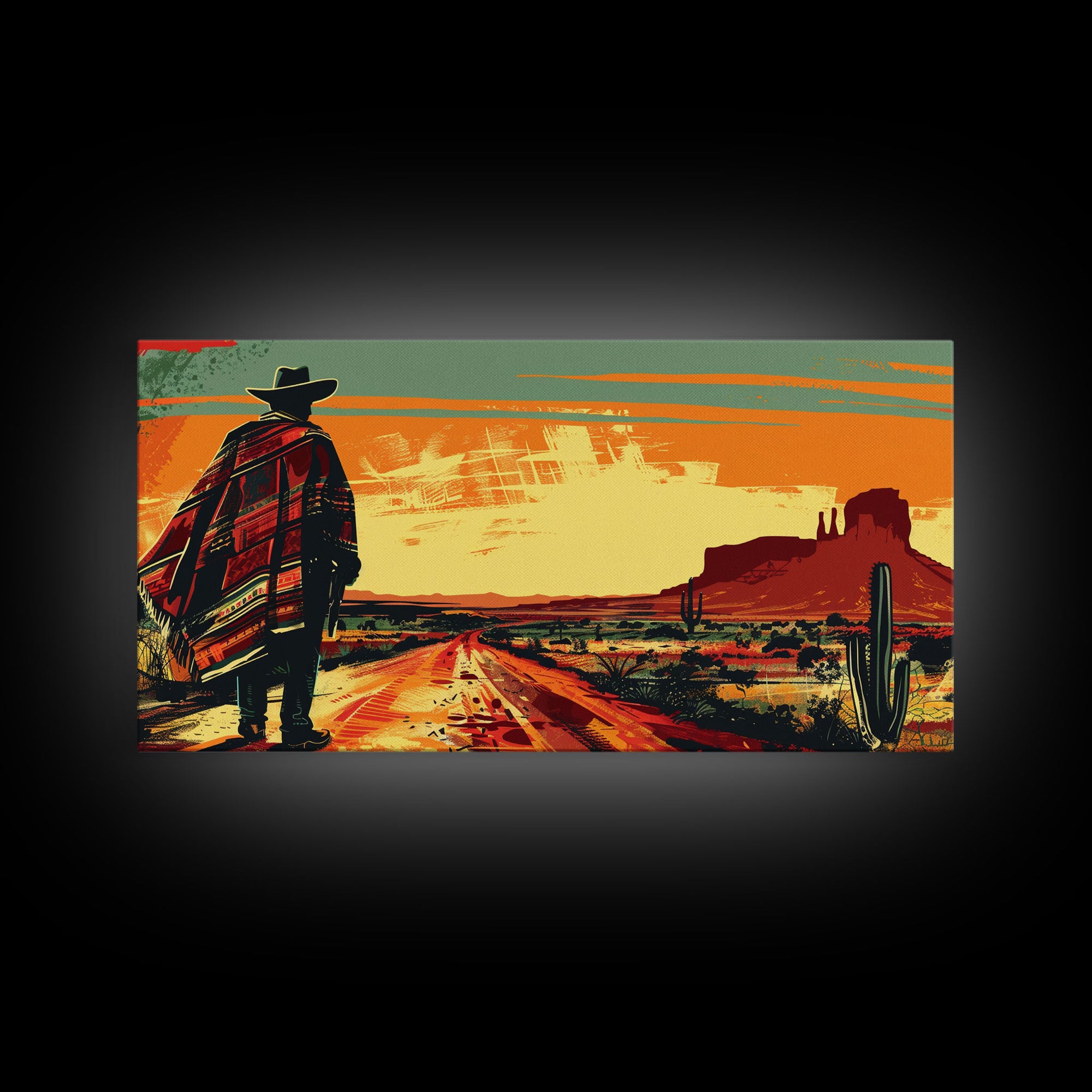 Abstract Cowboy in Desert Sunset Scene, Boho Bedroom Art, Framed Canvas Print, Modern Living Room Decoration, Rustic Wall Art