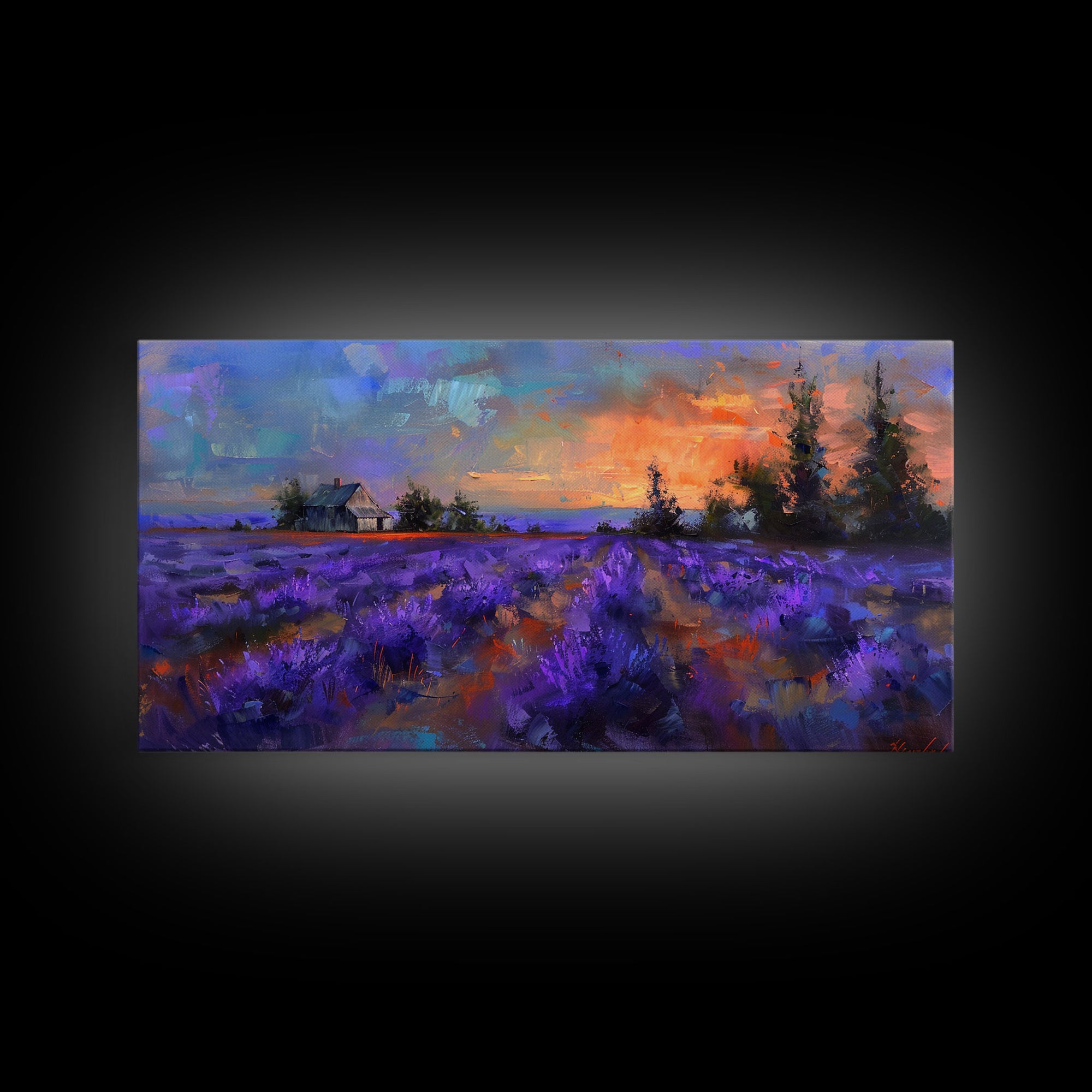 Sunset Over Lavender Field, Romantic Landscape Art, Framed Canvas Print, Cottagecore Decor, Purple Wall Art, Farmhouse Style