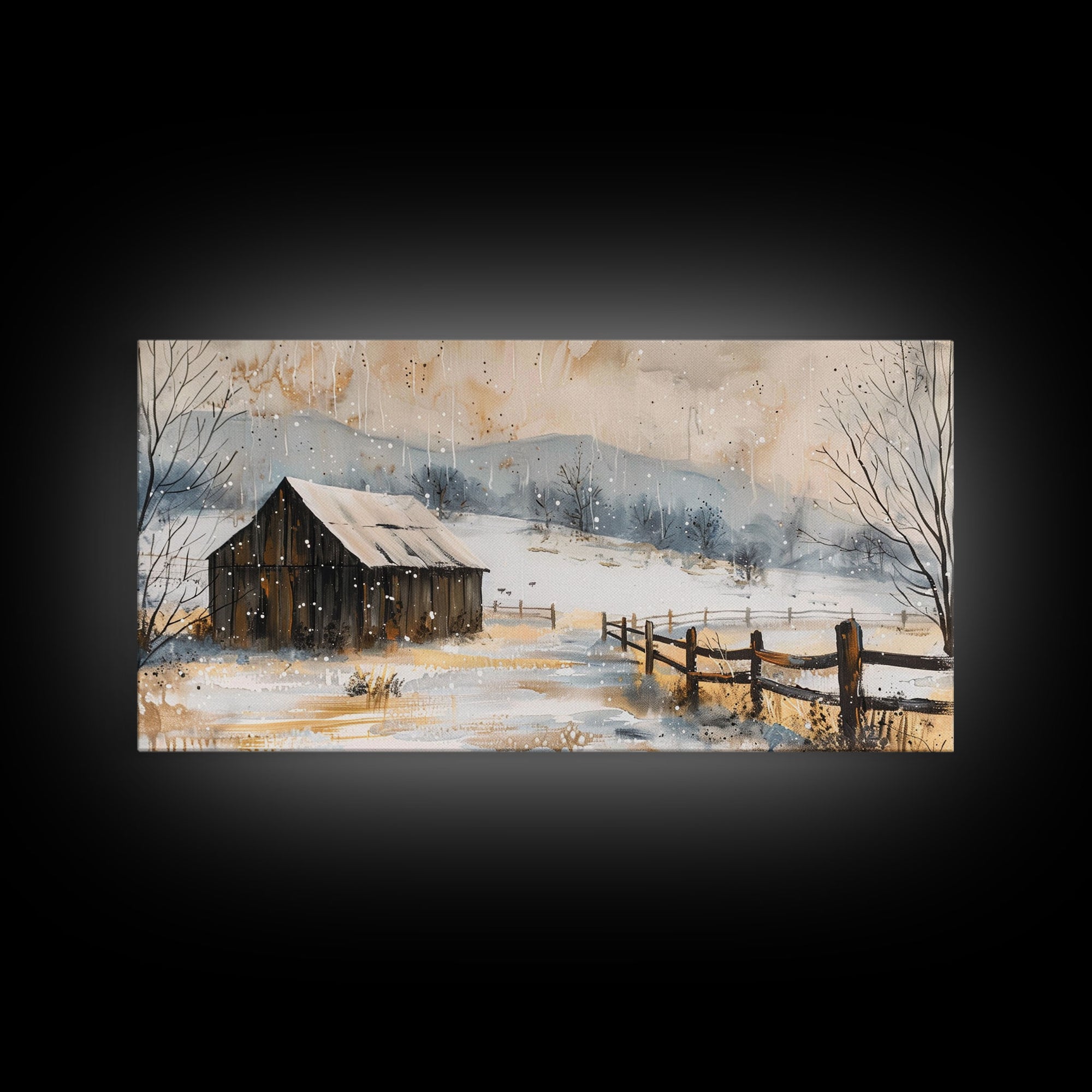 Snowy Barn in Winter Field, Framed Canvas Print, Rustic Wall Art, Living Room Decor, Farmhouse Style, Winter Landscape