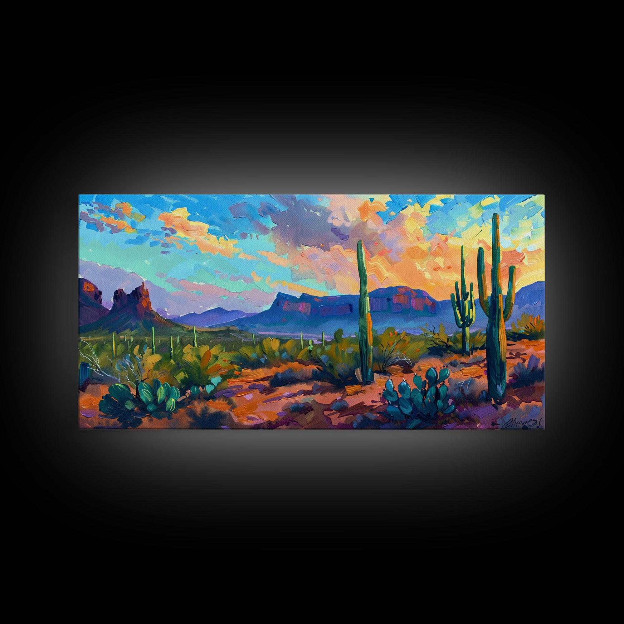 Desert Sunset with Cacti and Mountains, Abstract Southwestern Art, Framed Canvas Print, Rustic Boho Wall Decor, Living Room Art