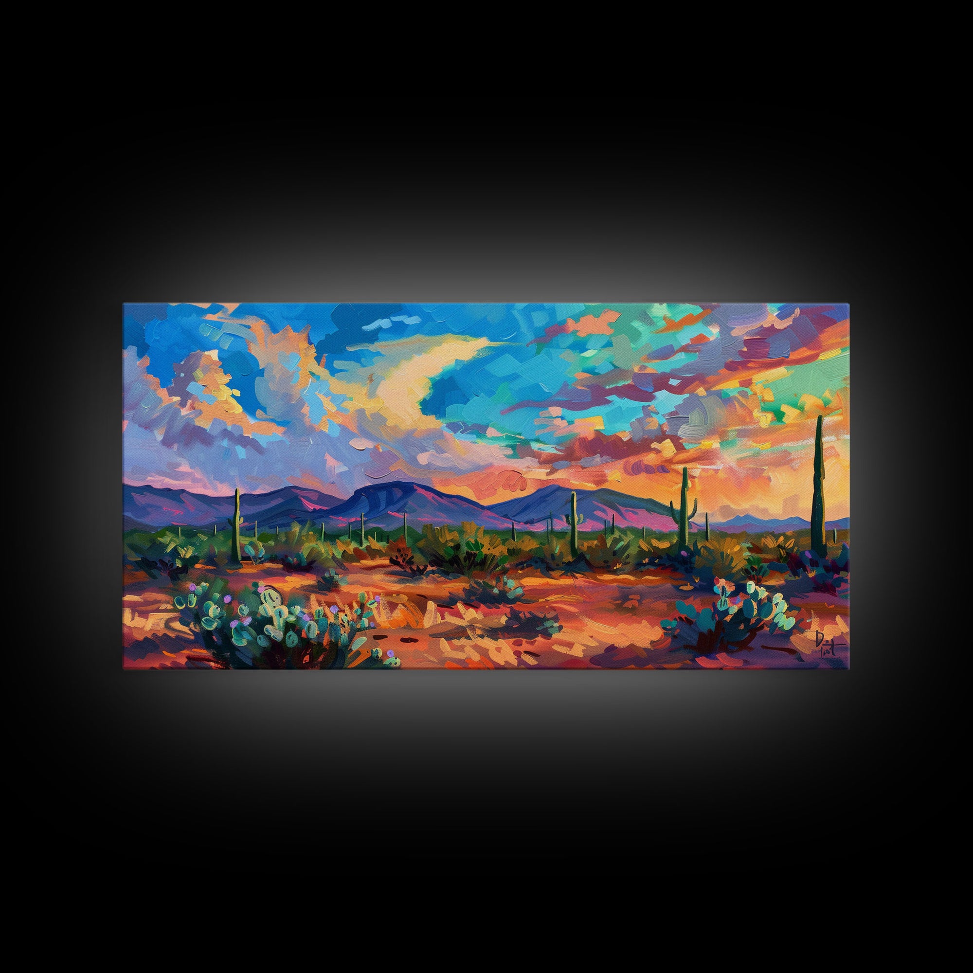 Vibrant Desert Sunset Landscape with Cacti, Framed Canvas Print for Living Room Art, Perfect for Boho and Southwestern Decor