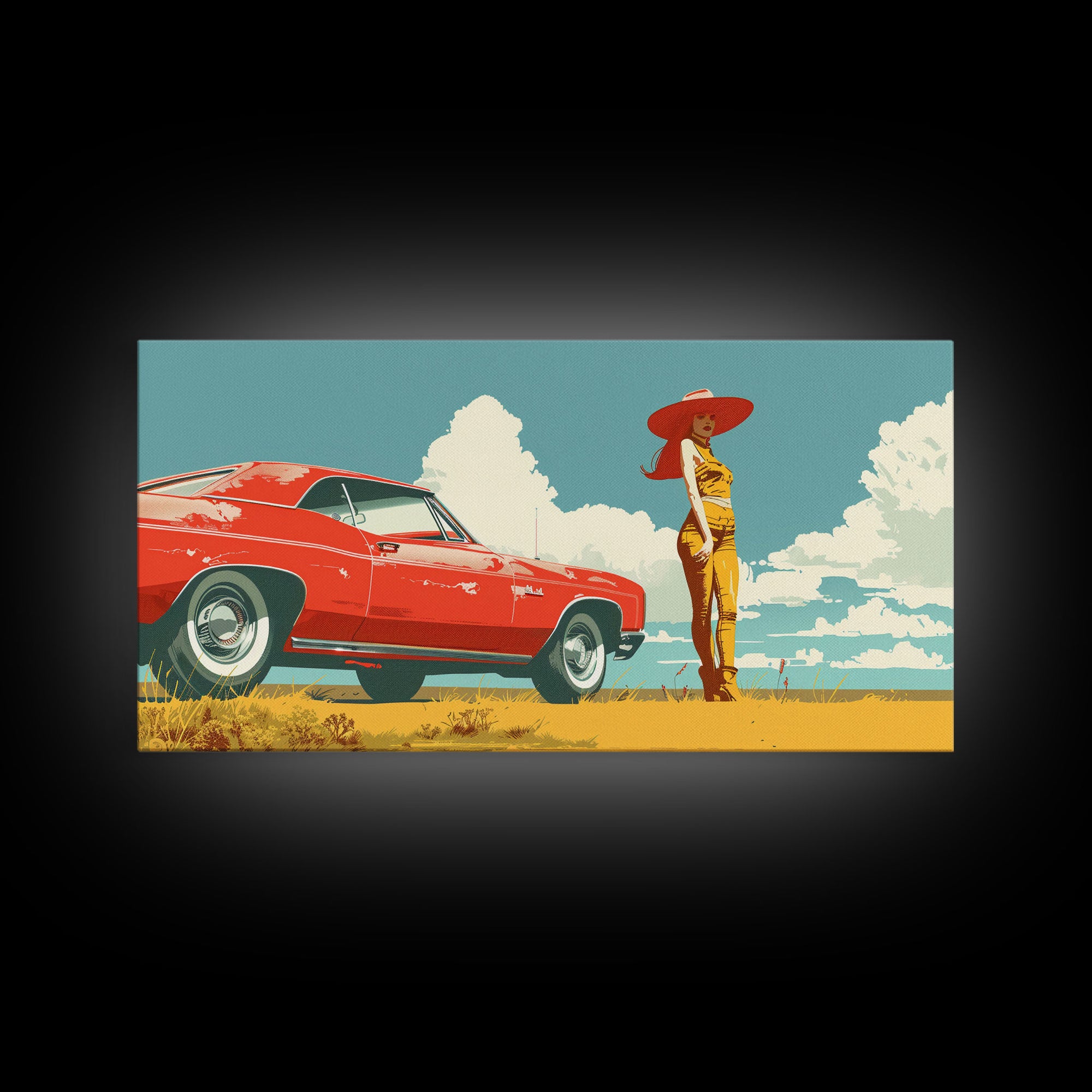 Vintage Cowgirl and Classic Red Car in Pop Art Style, Framed Canvas Print for Bedroom Decor, Perfect Living Room Wall Art