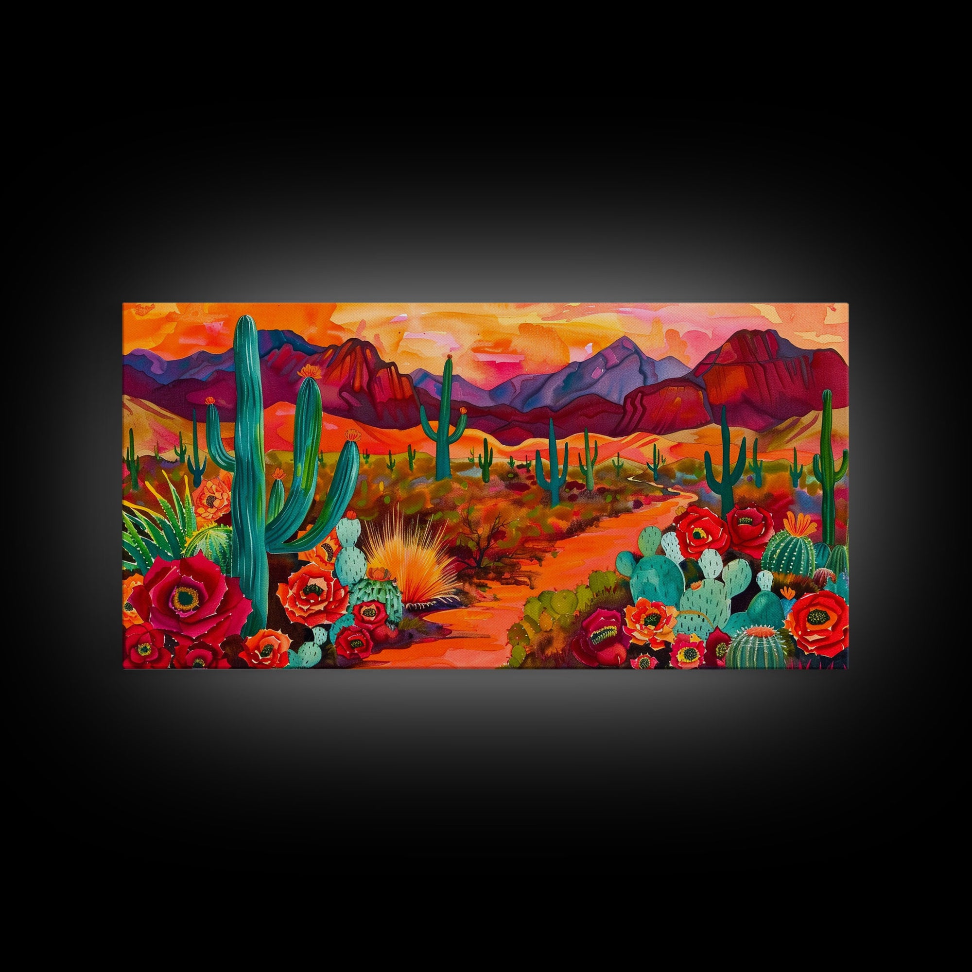 Vibrant desert scene with cacti and blooming flowers, Framed Canvas Print for boho living room, southwestern home decor art